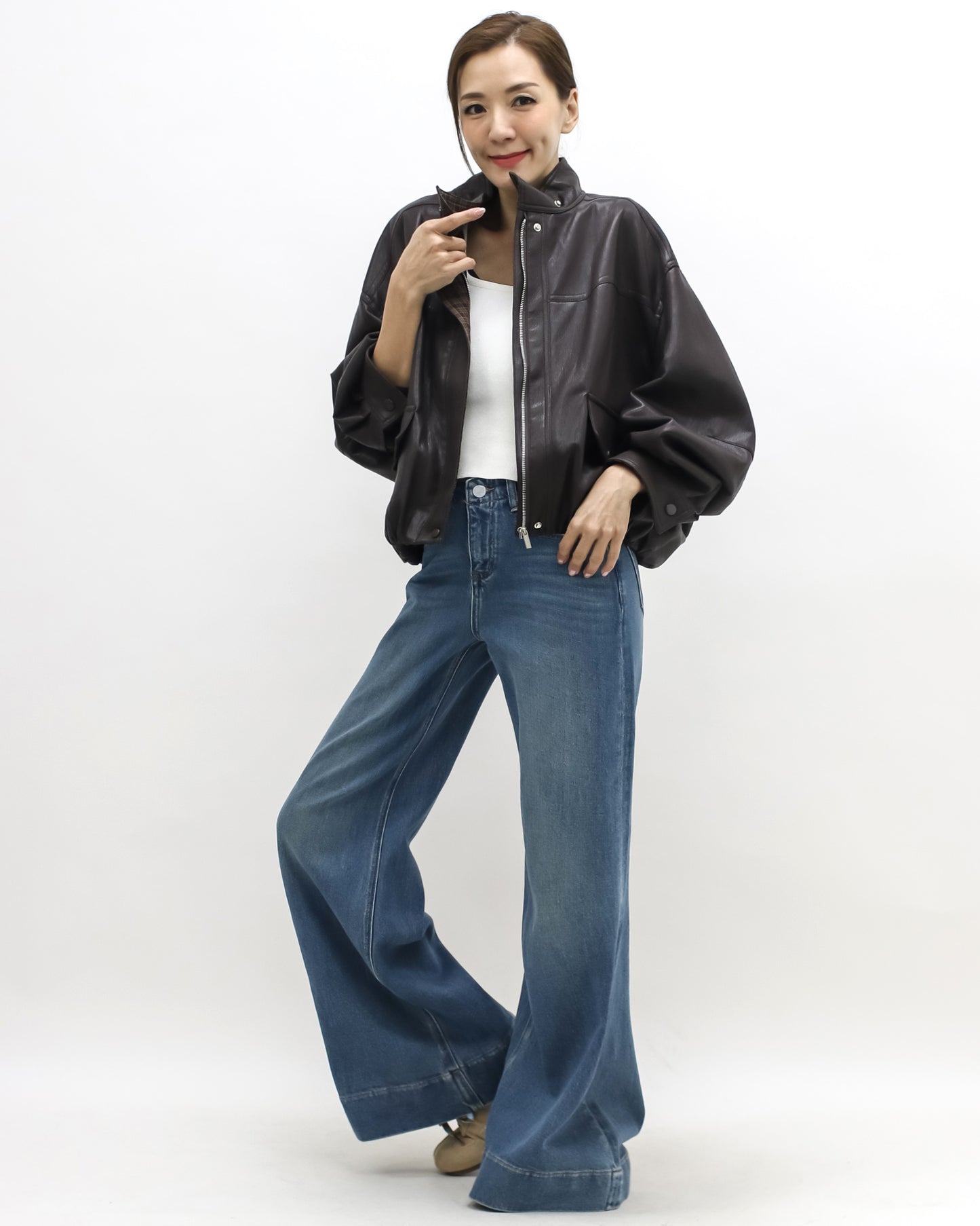 brown PU leather bomber jacket