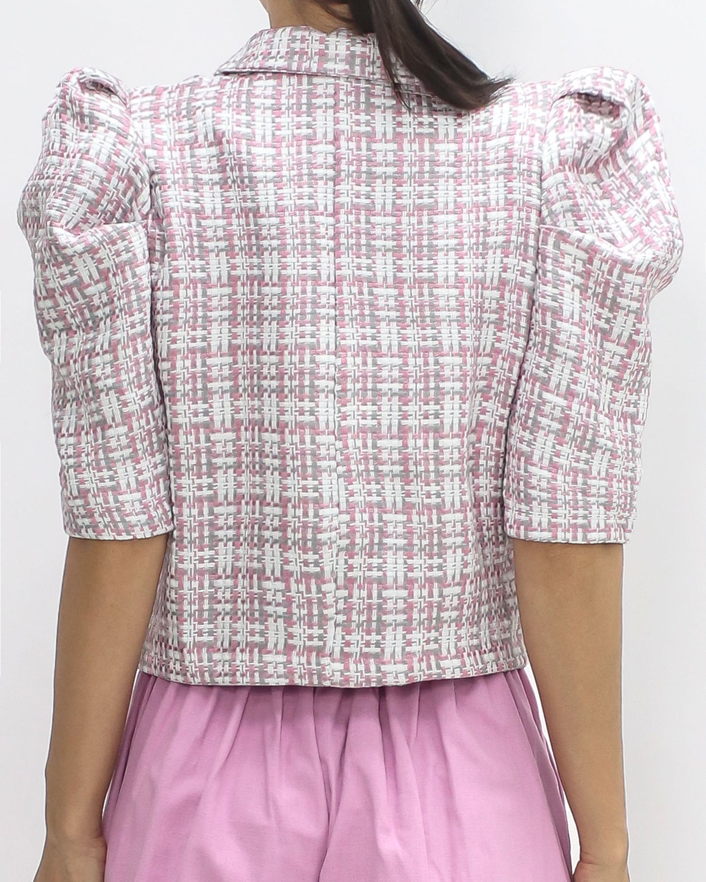 pink & ivory checkers tweed puff sleeves jacket