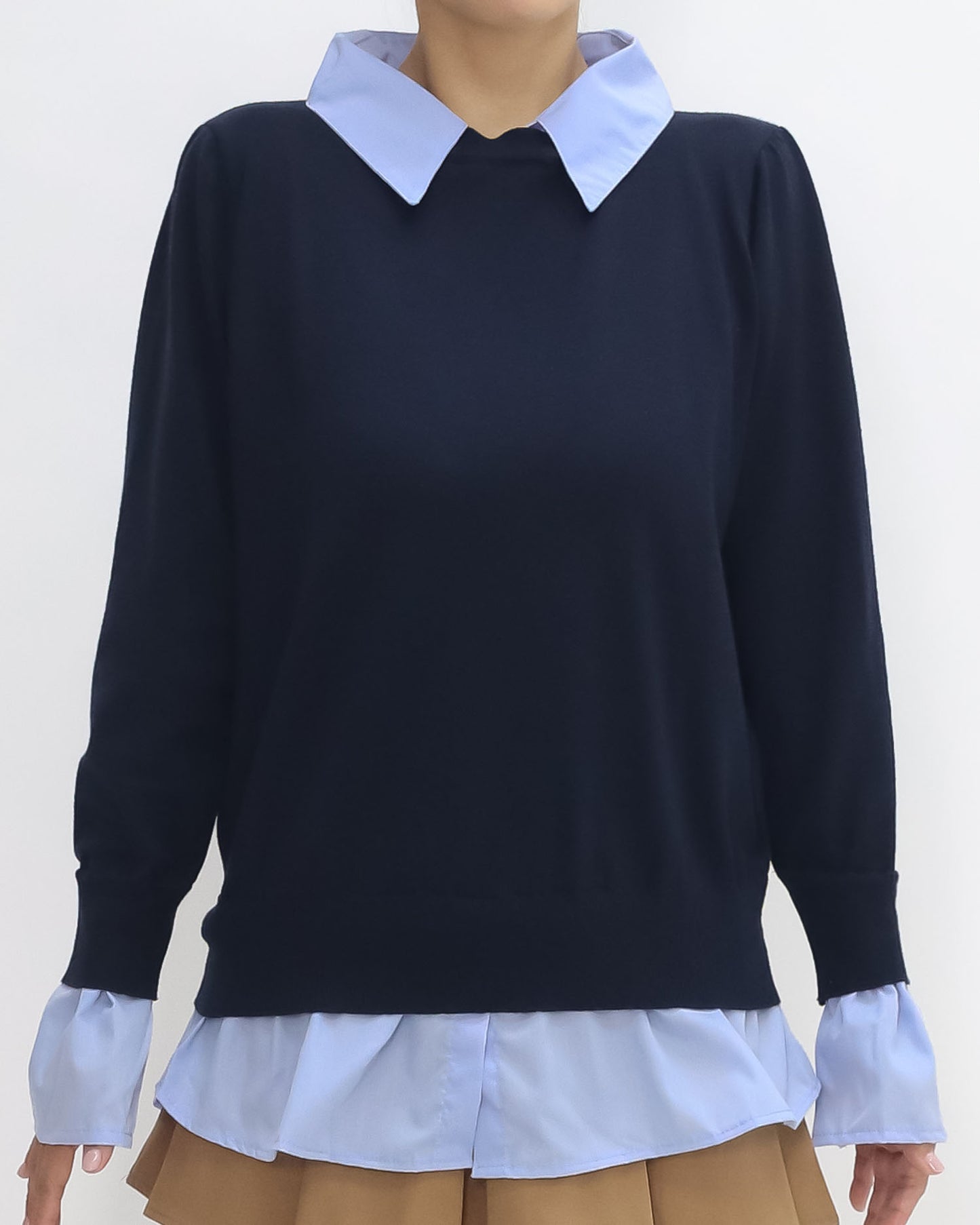 navy knitted w/ blue shirt contrast top