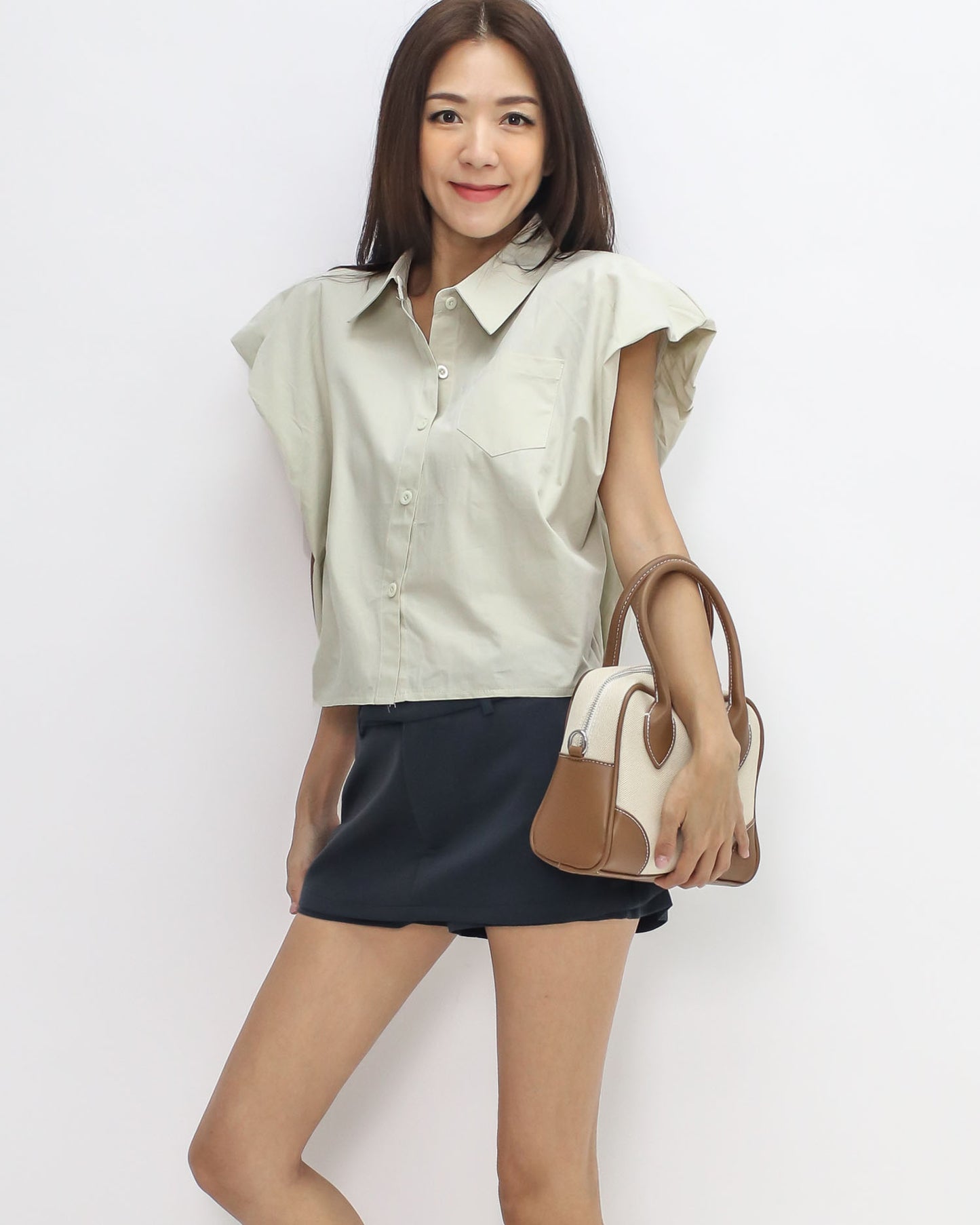 beige puff shoulders shirt