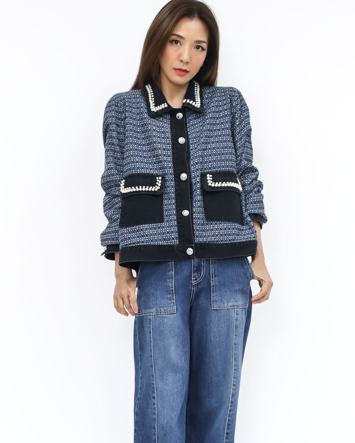 blue pearls tweed & black denim trim jacket *pre-order*