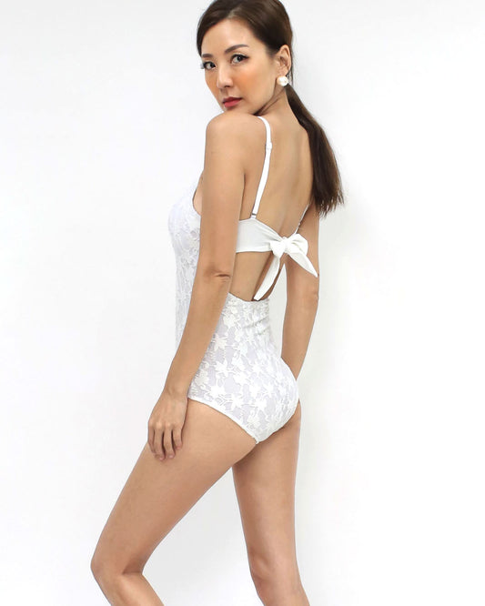 ivory lace halter tie-up back one-piece swimwear *pre-order*