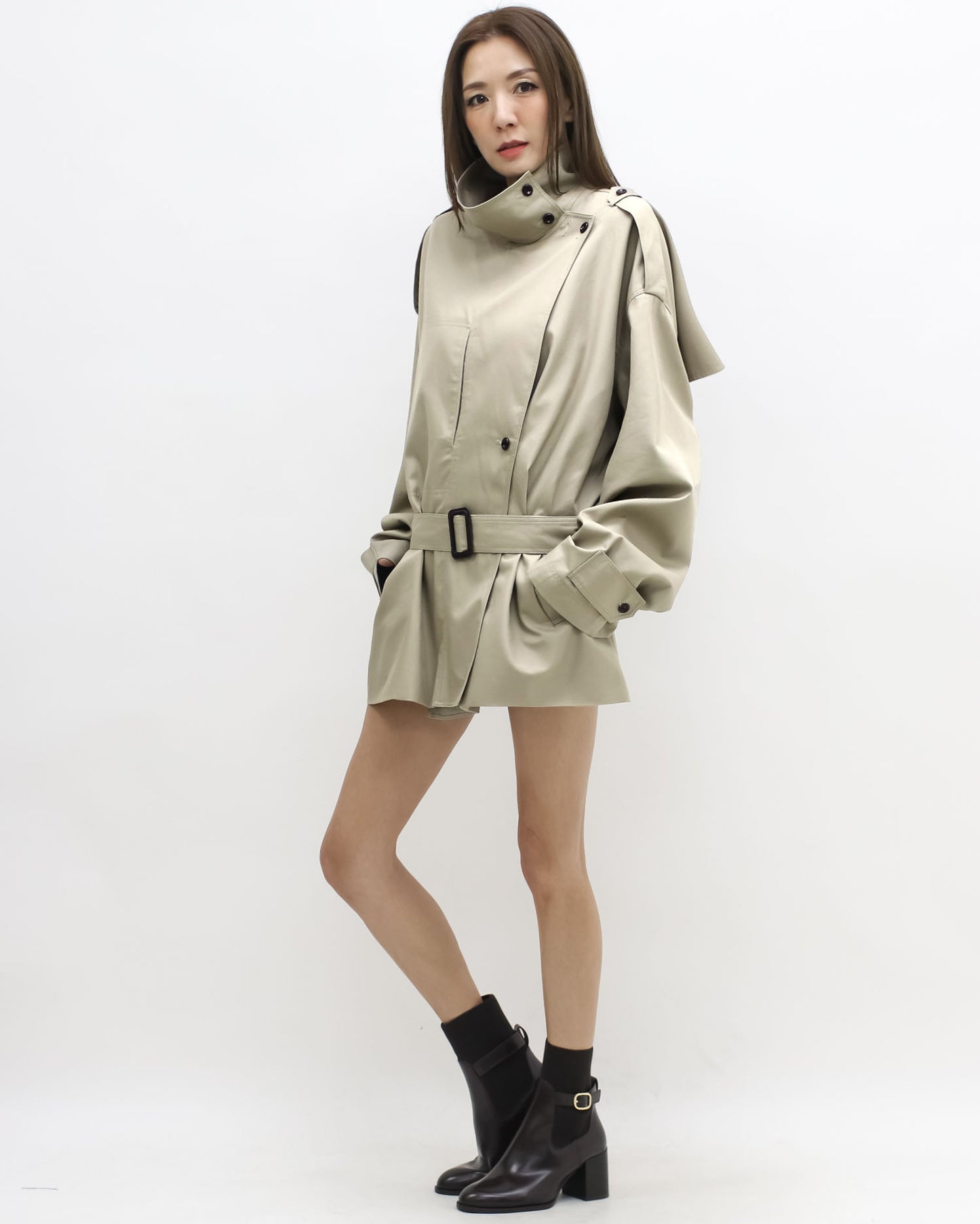 beige longline trench coat w/ belt