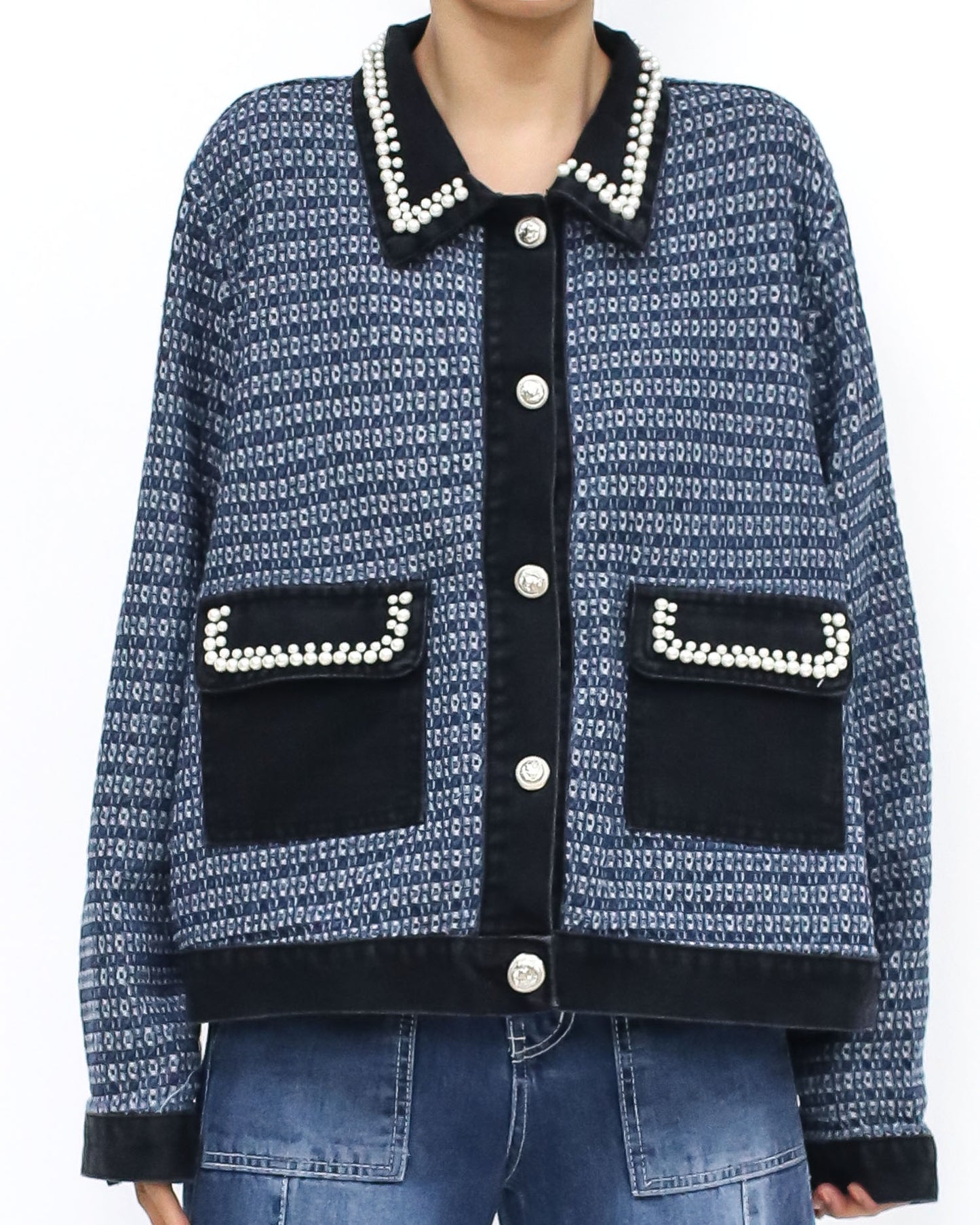 blue pearls tweed & black denim trim jacket *pre-order*