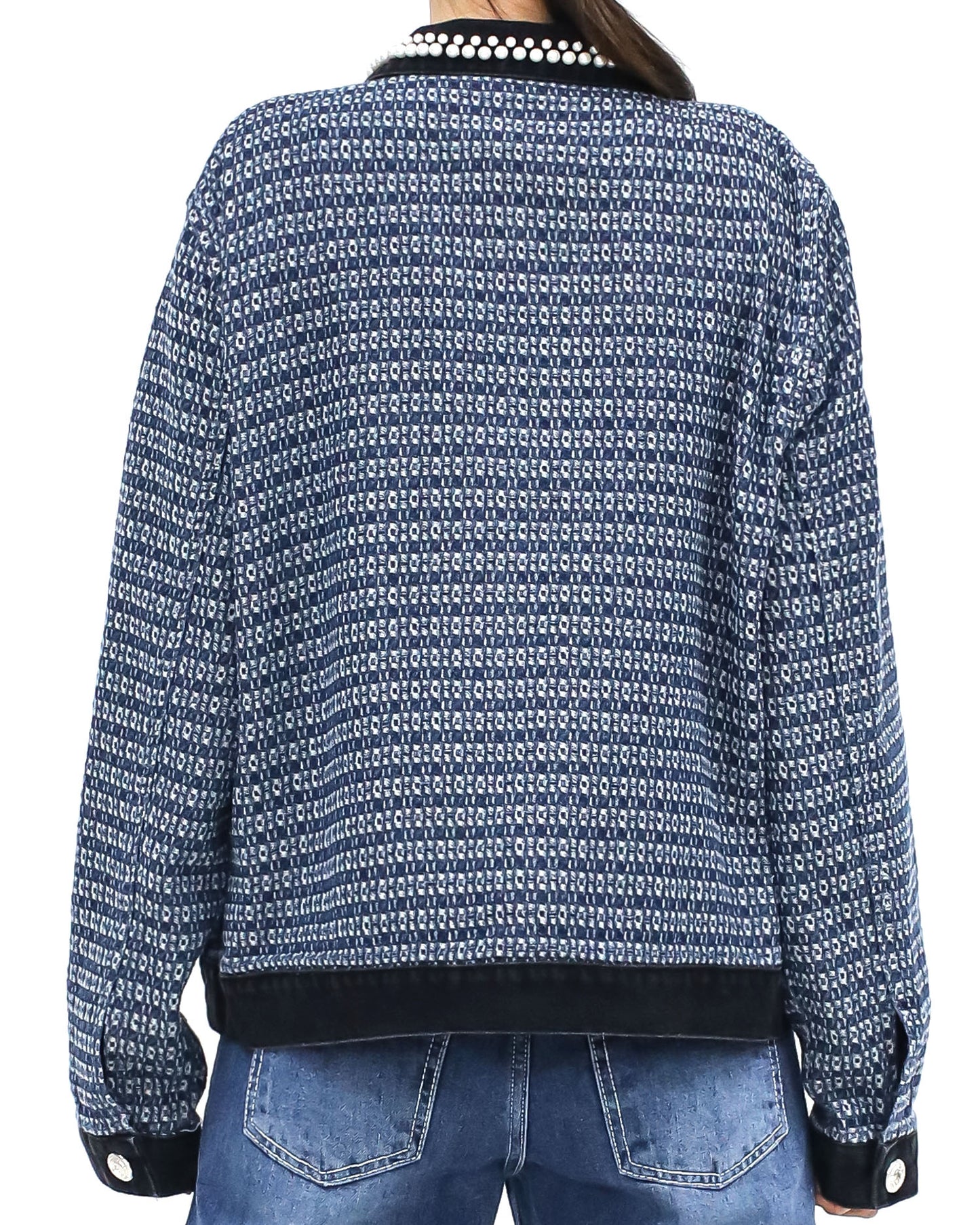 blue pearls tweed & black denim trim jacket *pre-order*