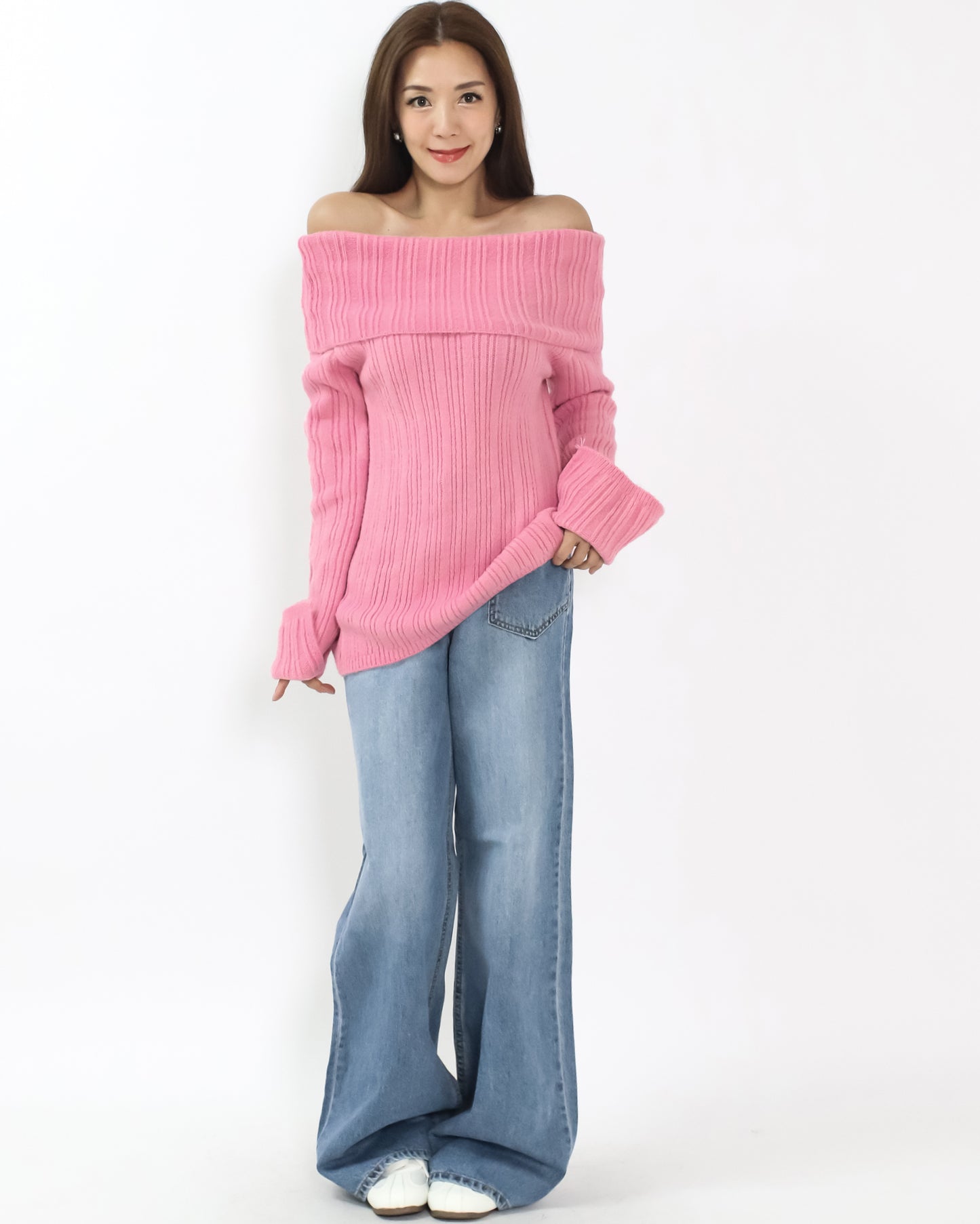 pink off shoulders ottoman knitted top