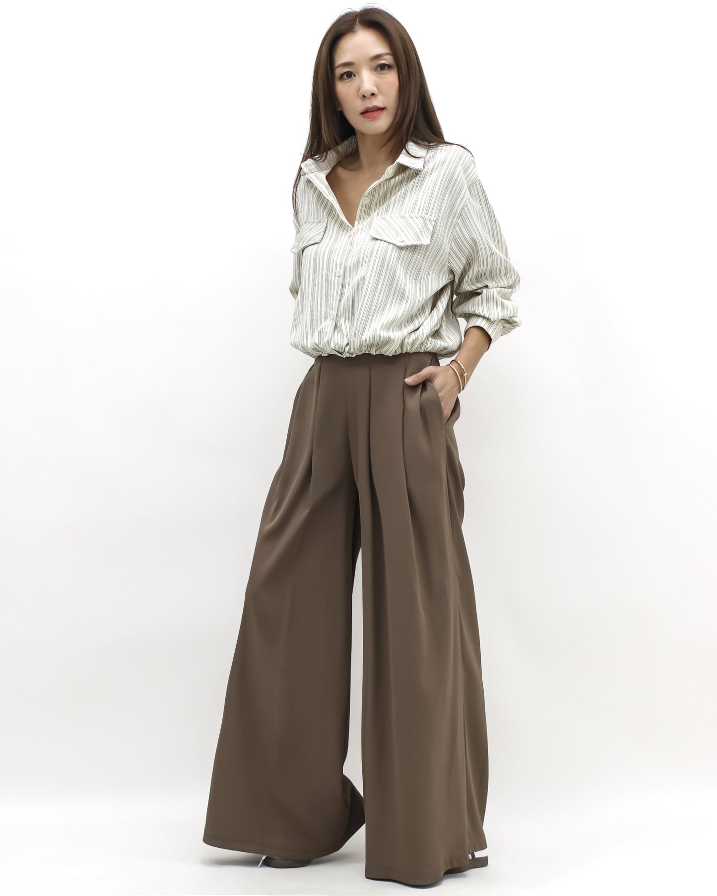 brown pleats front wide legs pants