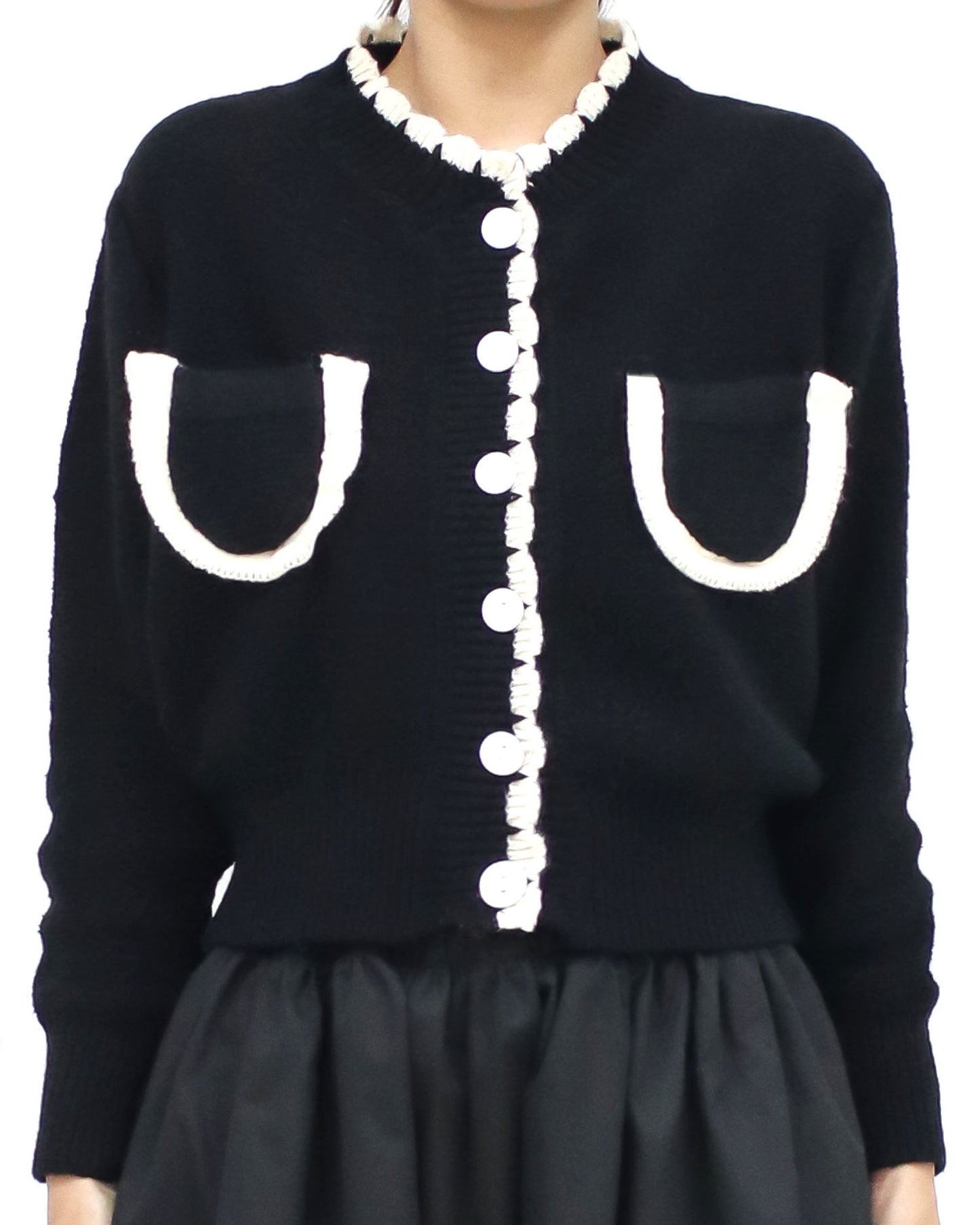 black & ivory scallop hem knitted cardigan