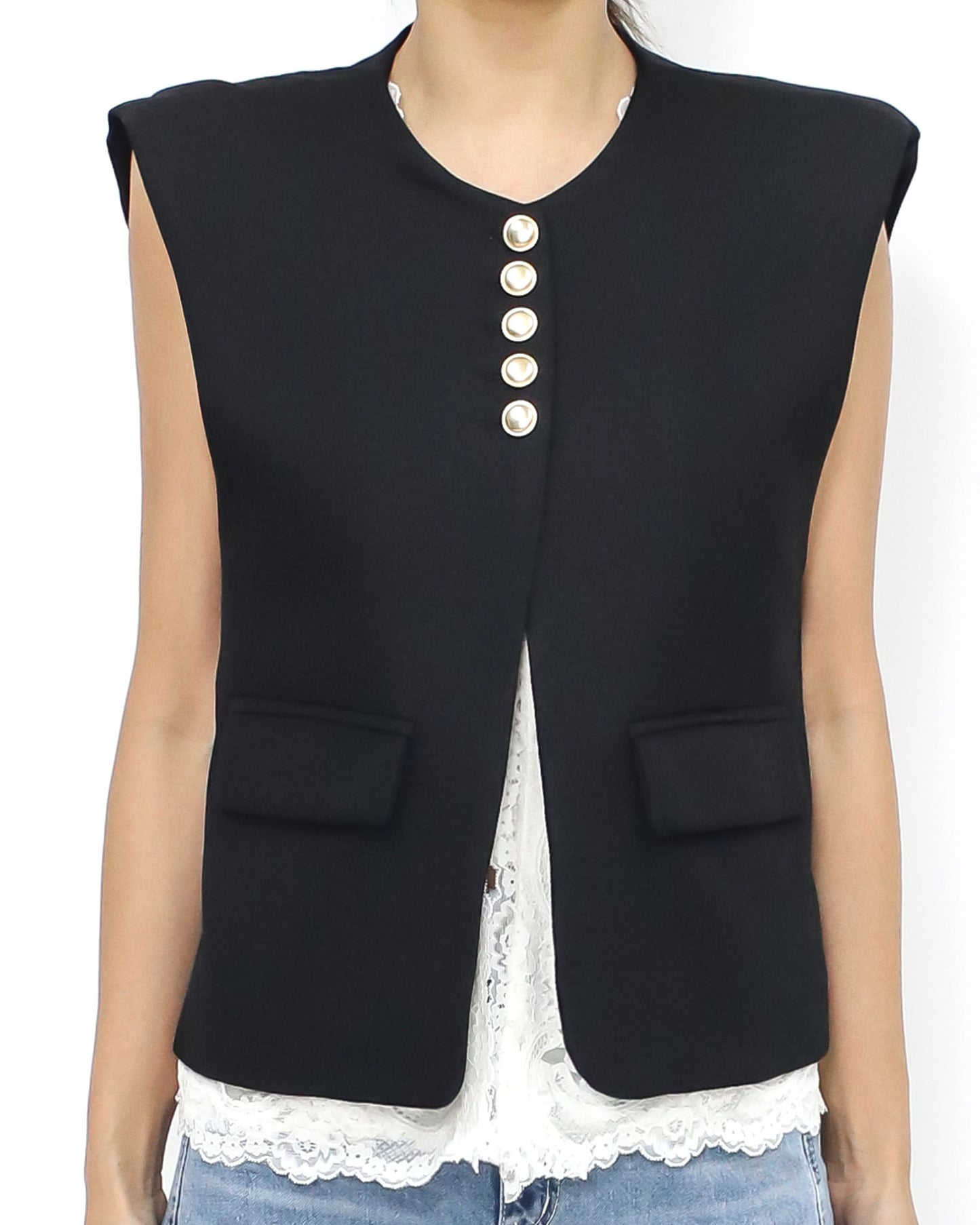 black blazer vest w/ ivory crochet hem