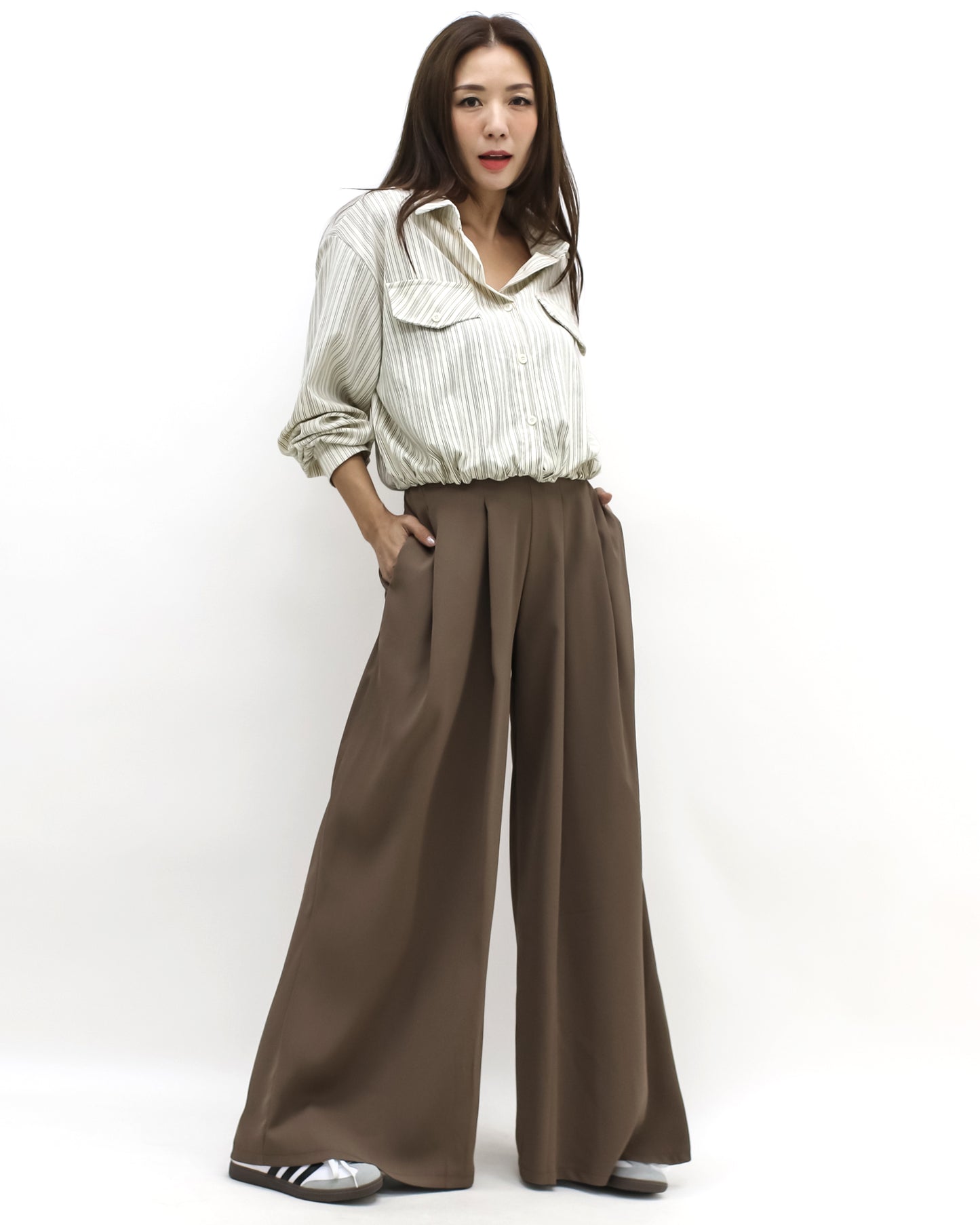 brown pleats front wide legs pants