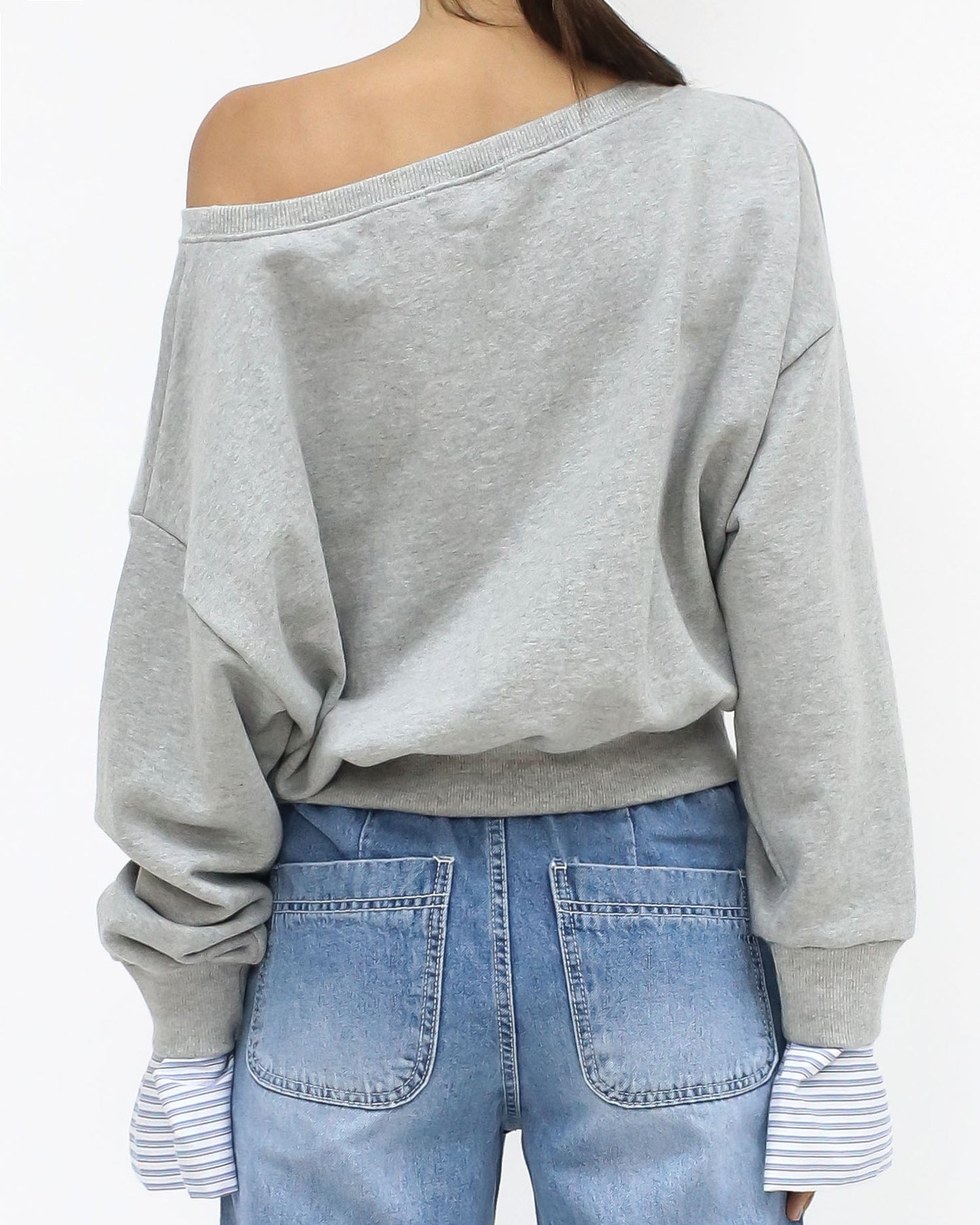 grey w/ blue & ivory stripes cuffs off shoulder sweatshirt *pre-order*