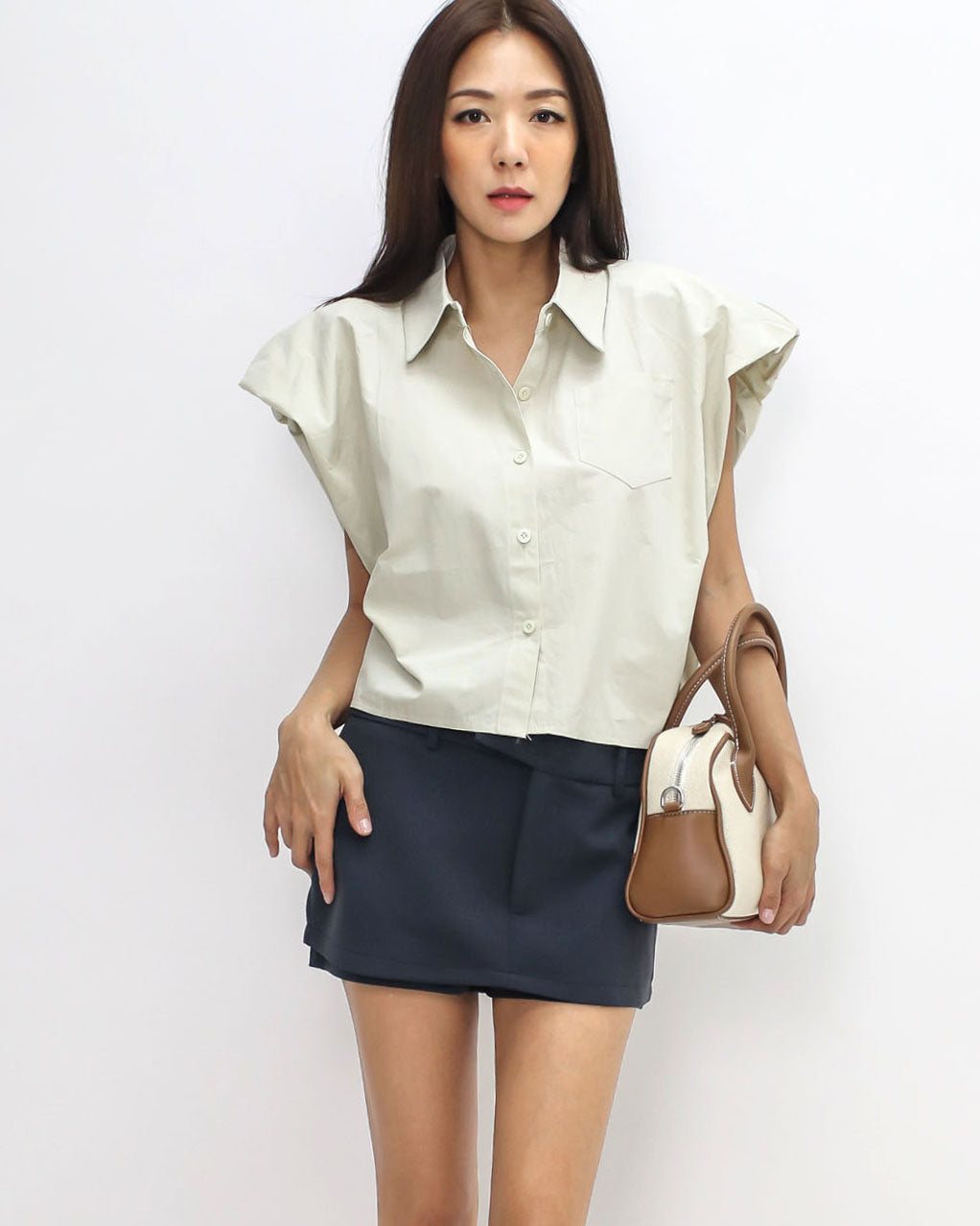 beige puff shoulders shirt