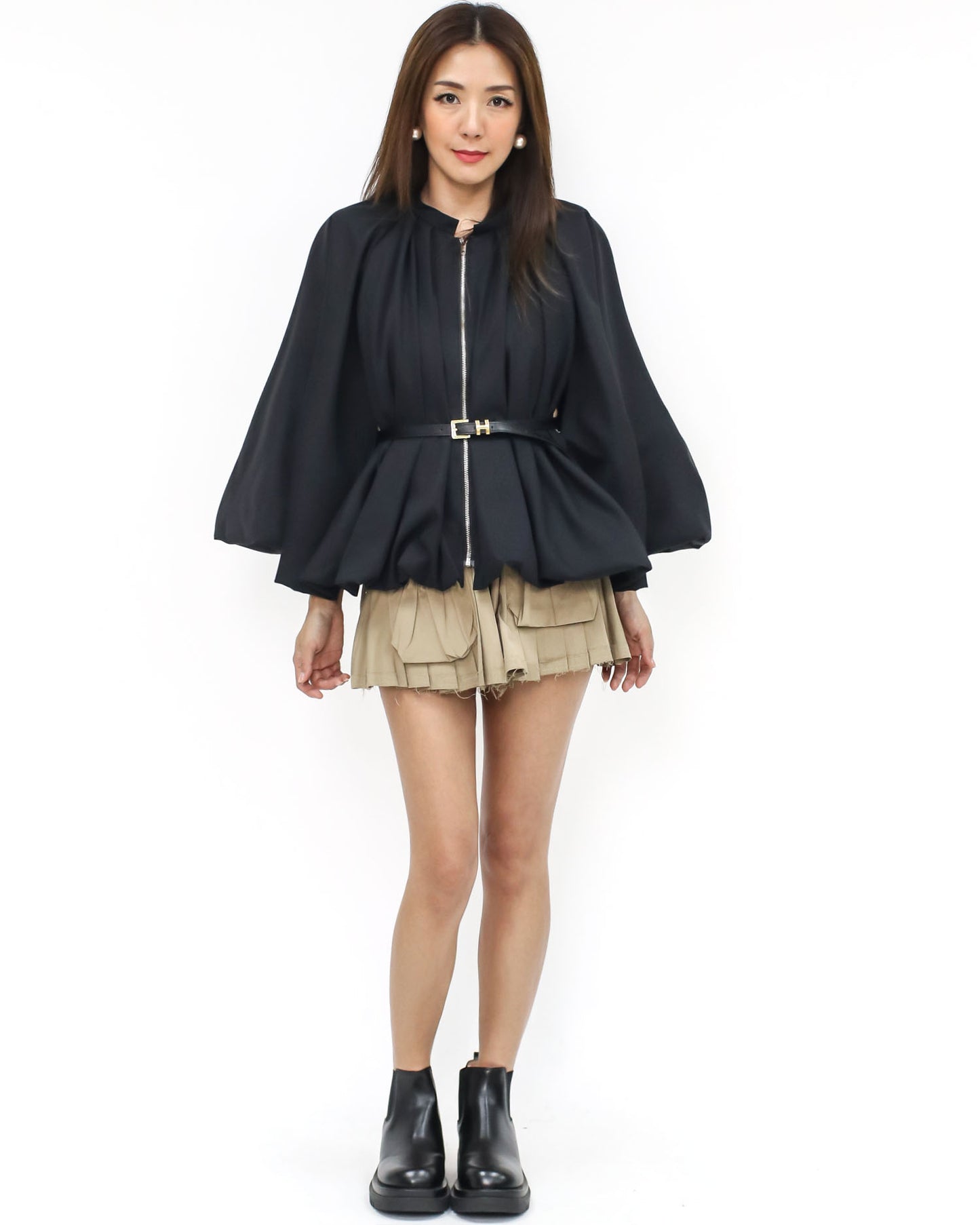 black fold cape jacket w/ belt