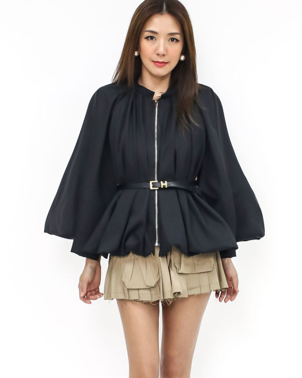 black fold cape jacket w/ belt