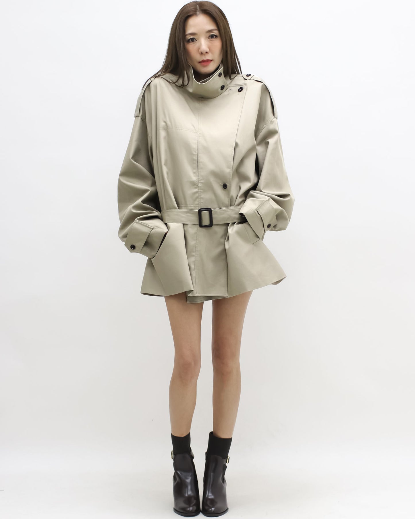 beige longline trench coat w/ belt