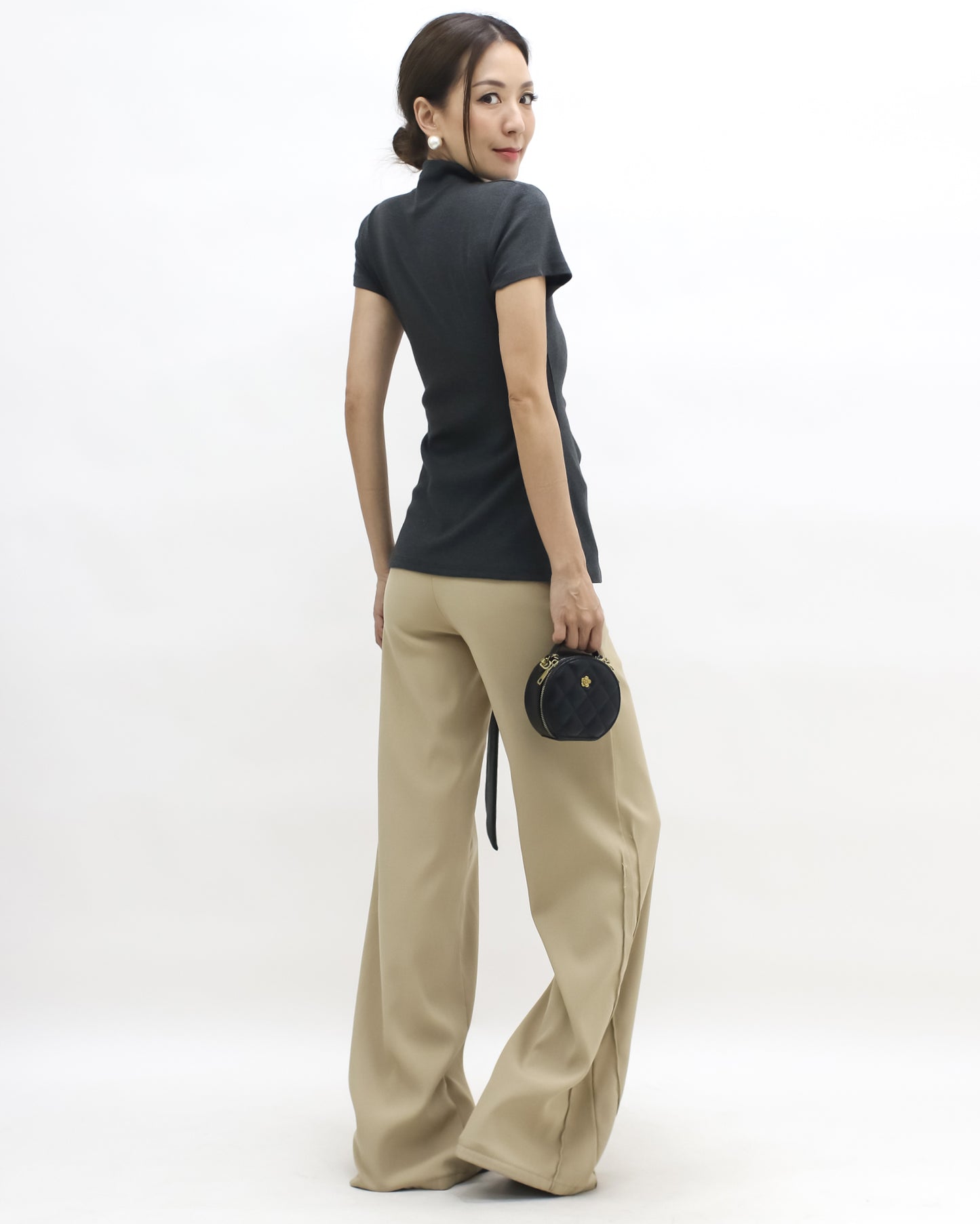 grey  wrap front belt high neck knitted top