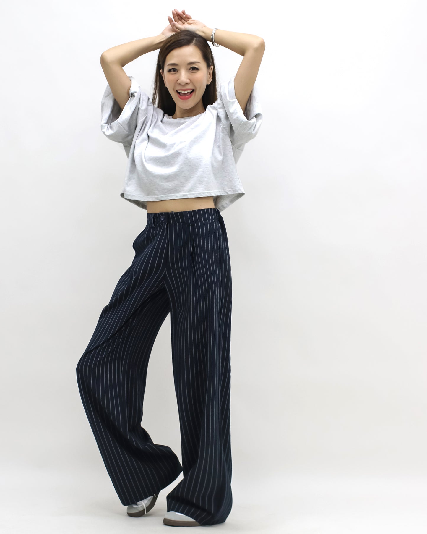 navy & ivory stripes straight leg pants