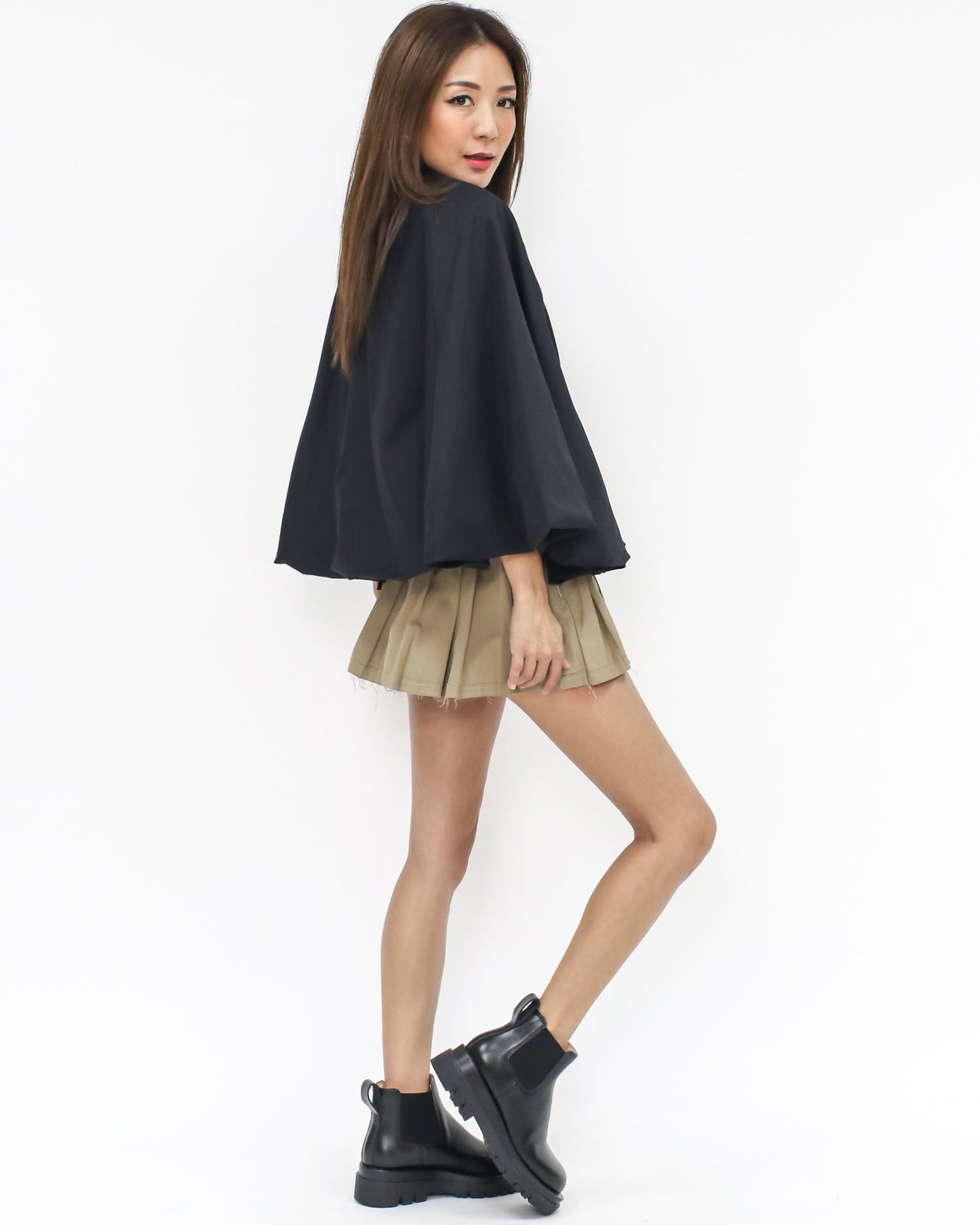 black fold cape jacket w/ belt