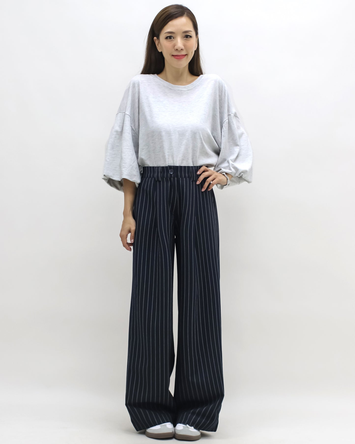 navy & ivory stripes straight leg pants