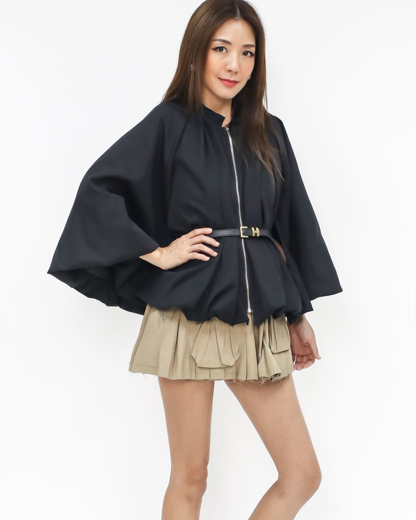 black fold cape jacket w/ belt