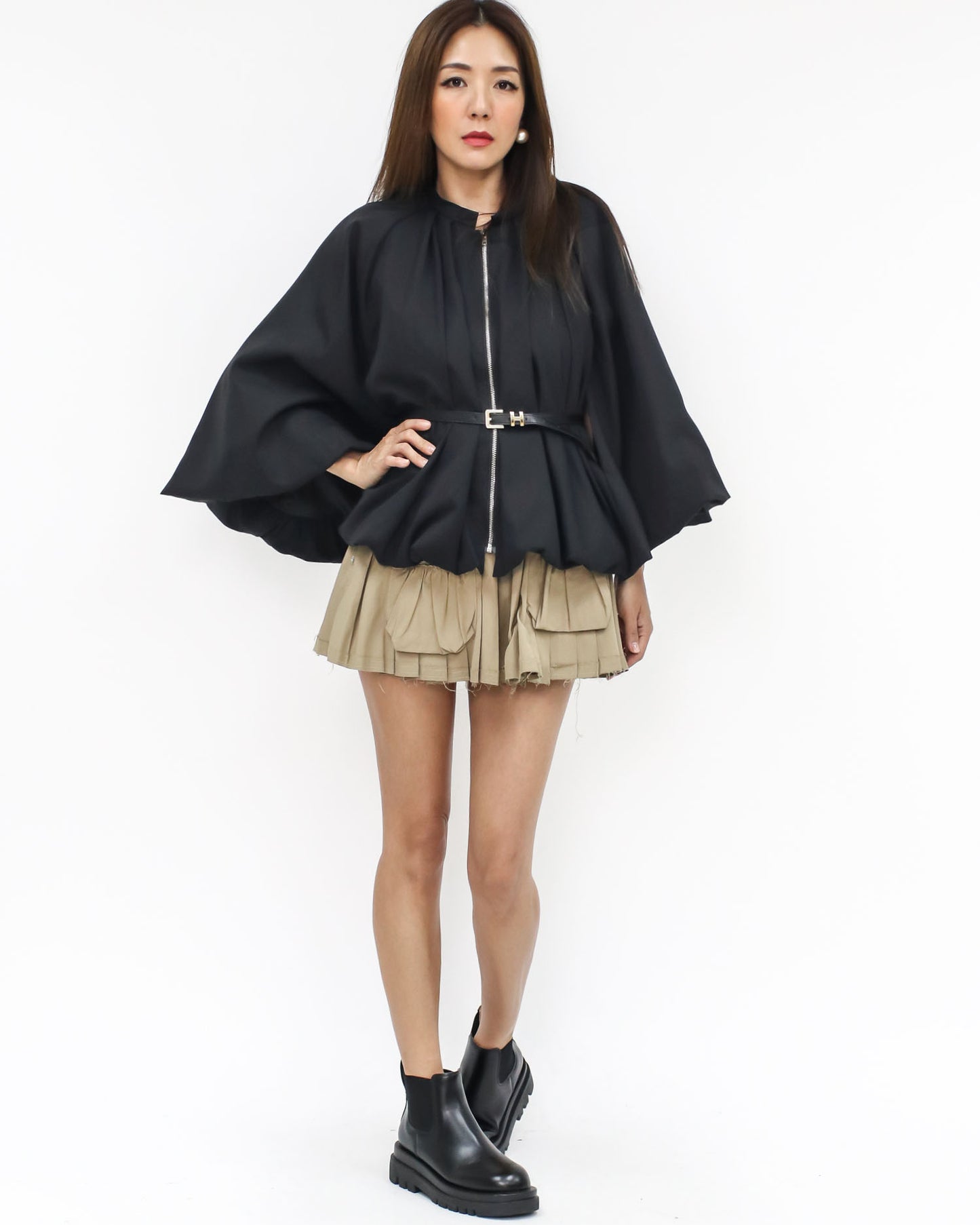 black fold cape jacket w/ belt