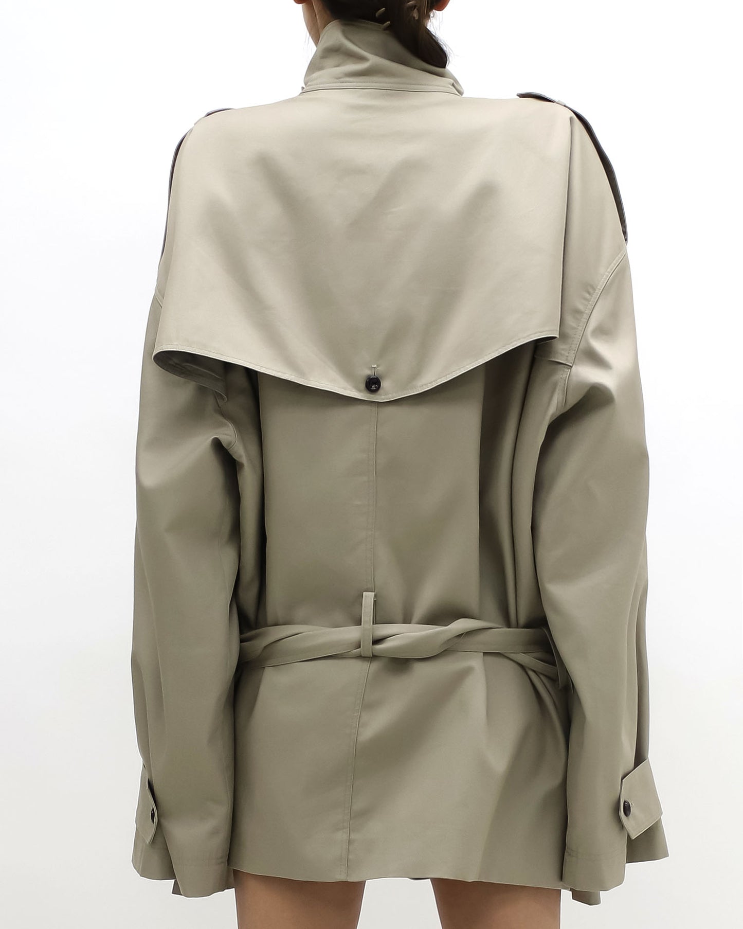 beige longline trench coat w/ belt