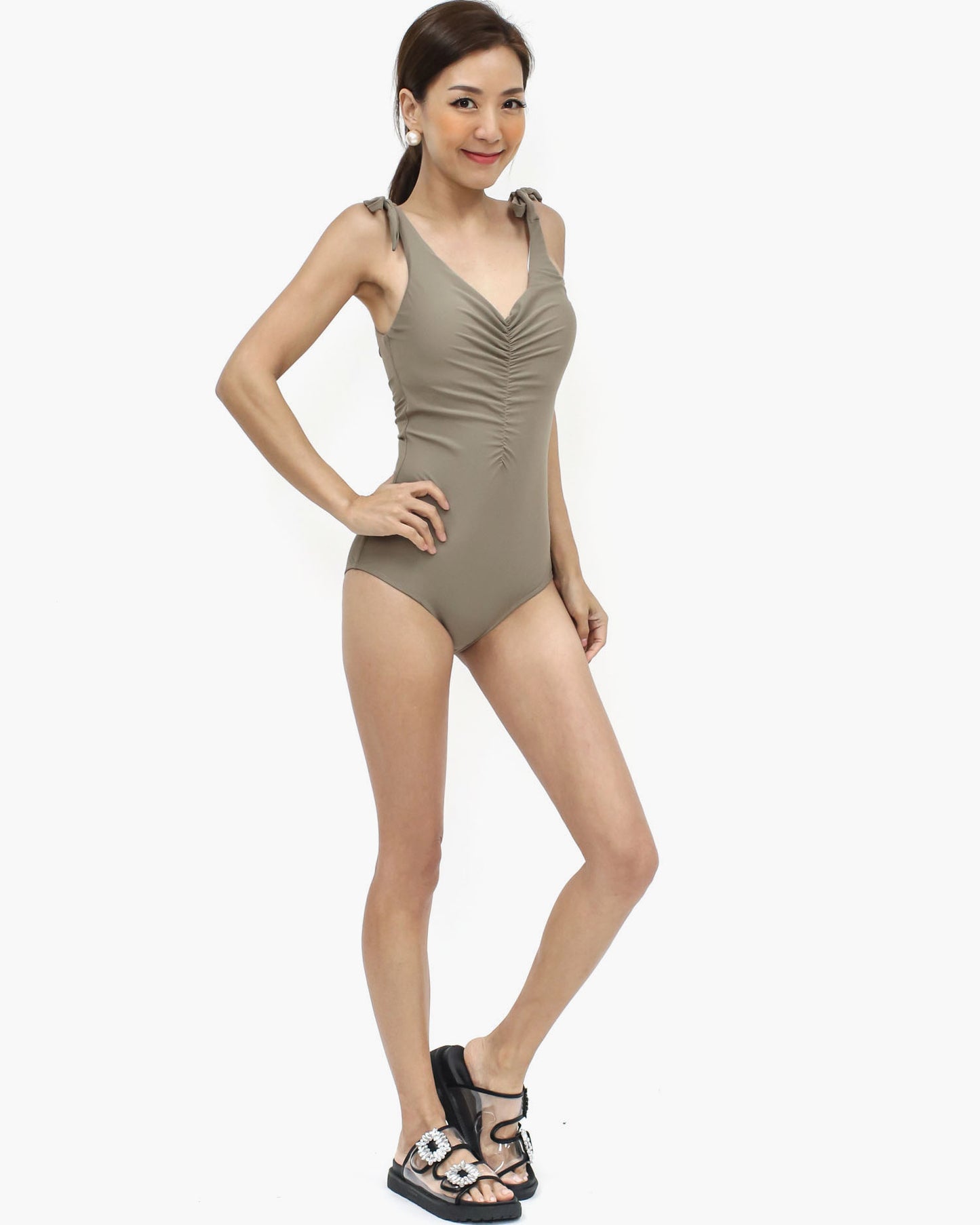 beige ruched front tie-up straps one-piece swimwear *pre-order*