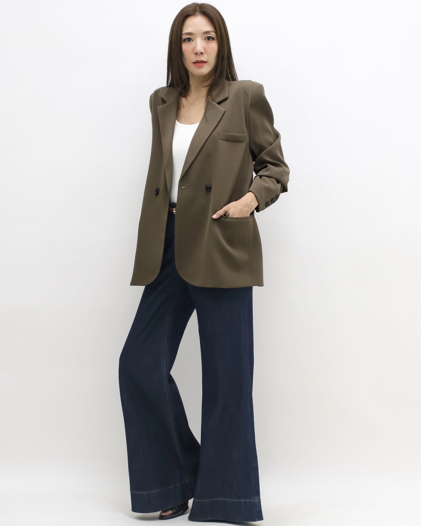 brown double button blazer