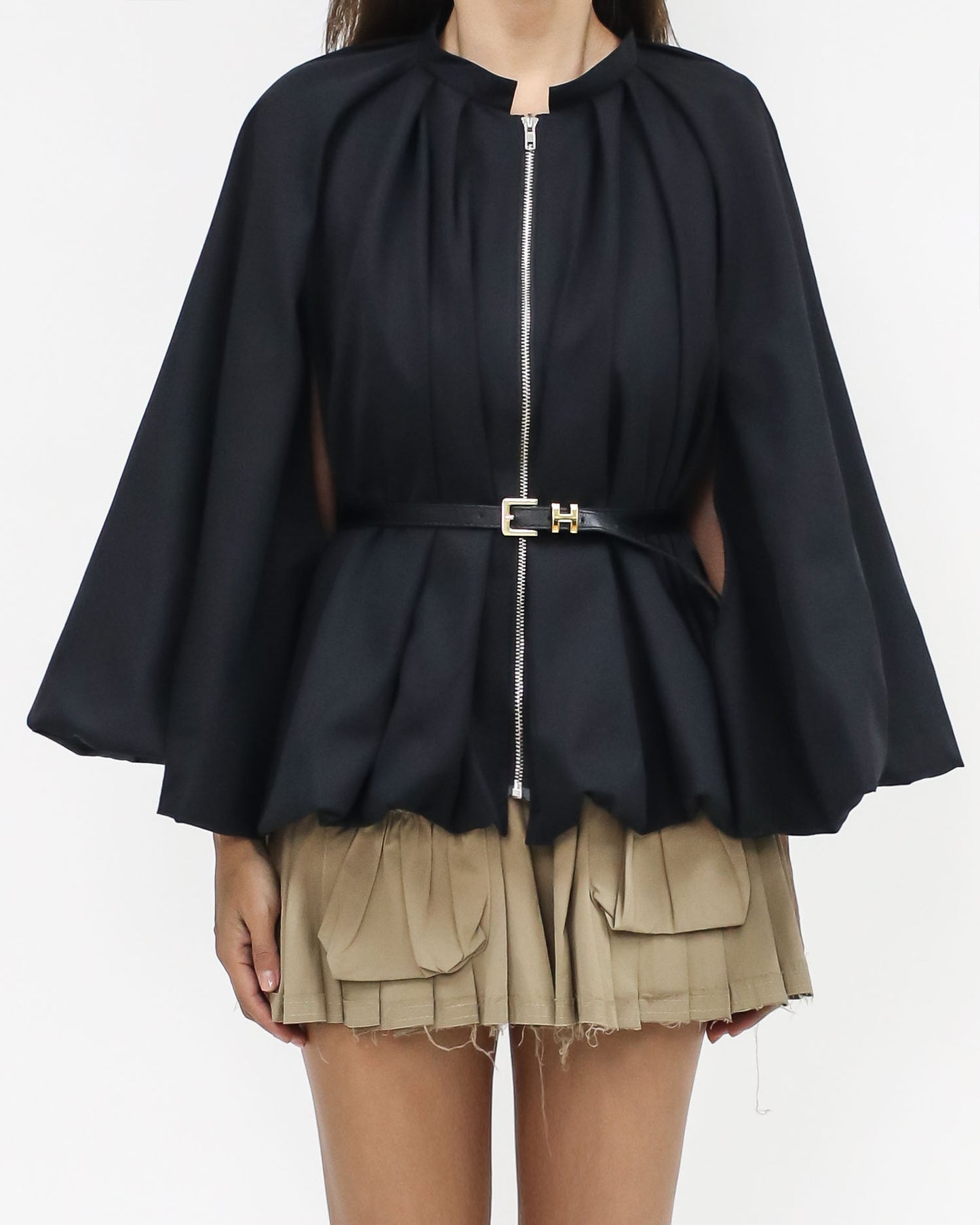 black fold cape jacket w/ belt