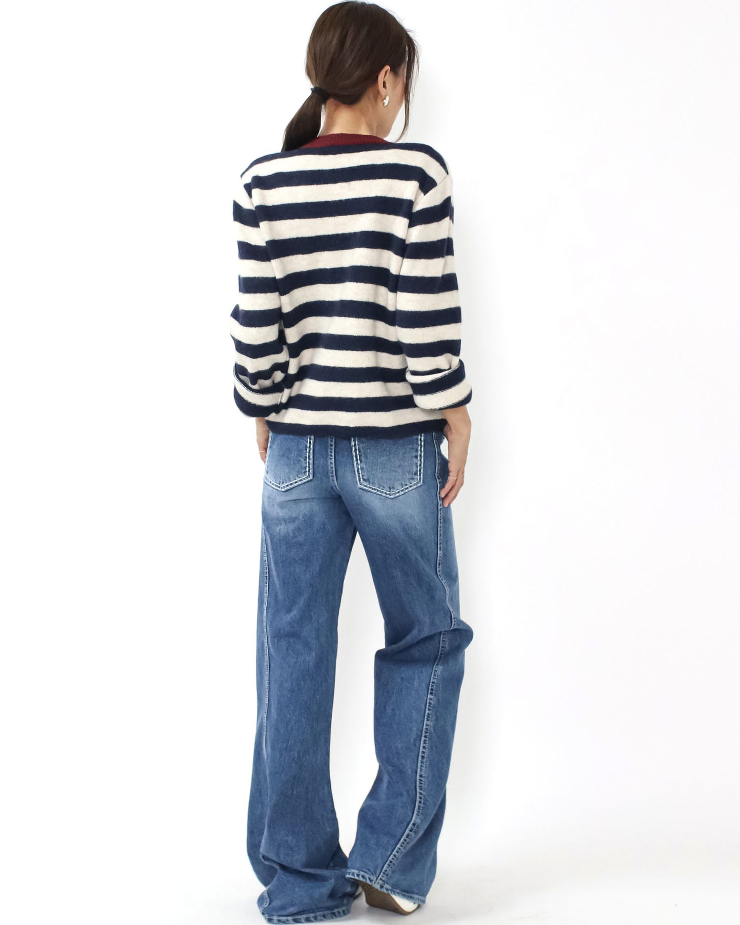 navy & ivory stripes w/ burgundy trim knitted cardigan *pre-order*