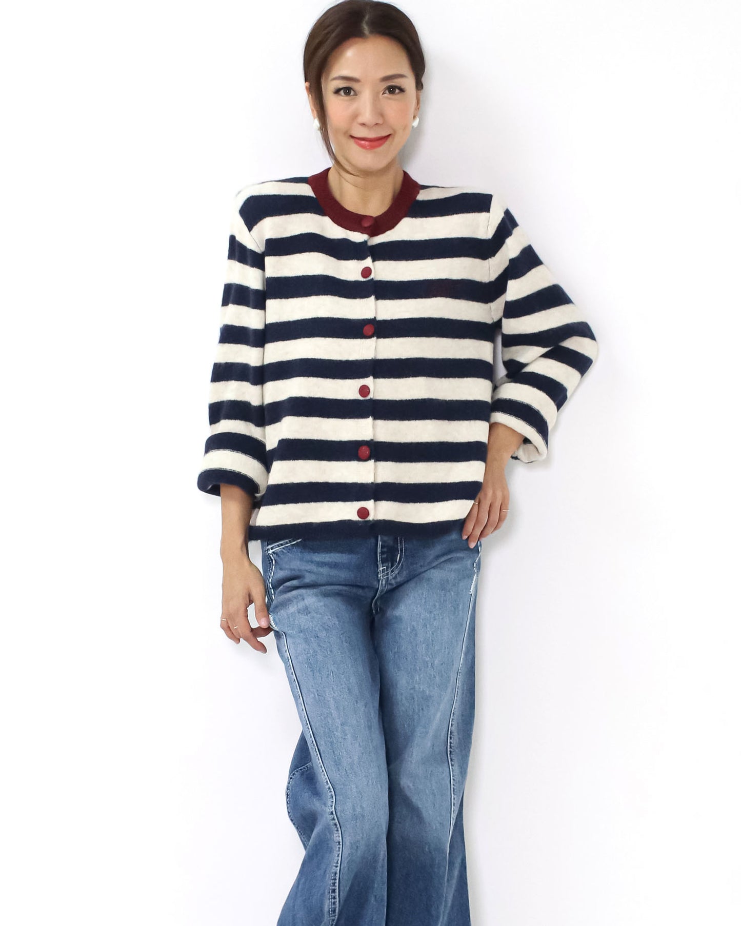 navy & ivory stripes w/ burgundy trim knitted cardigan *pre-order*