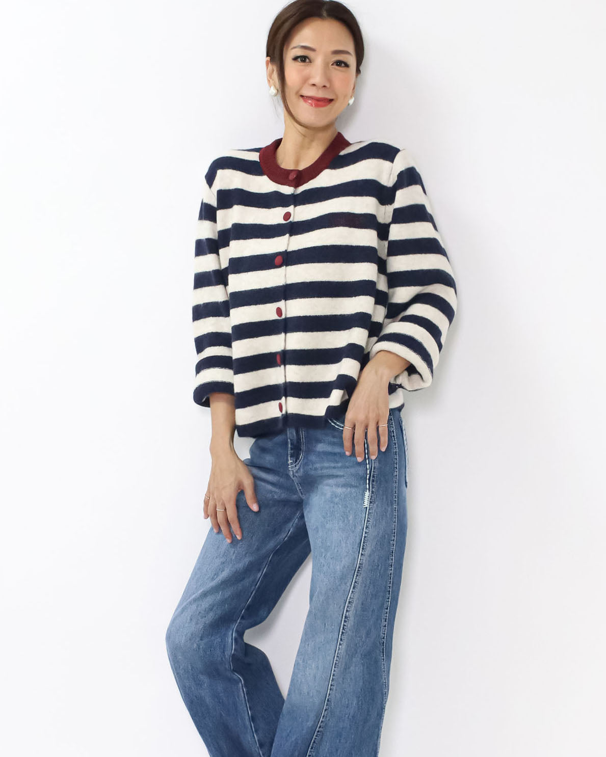 navy & ivory stripes w/ burgundy trim knitted cardigan *pre-order*