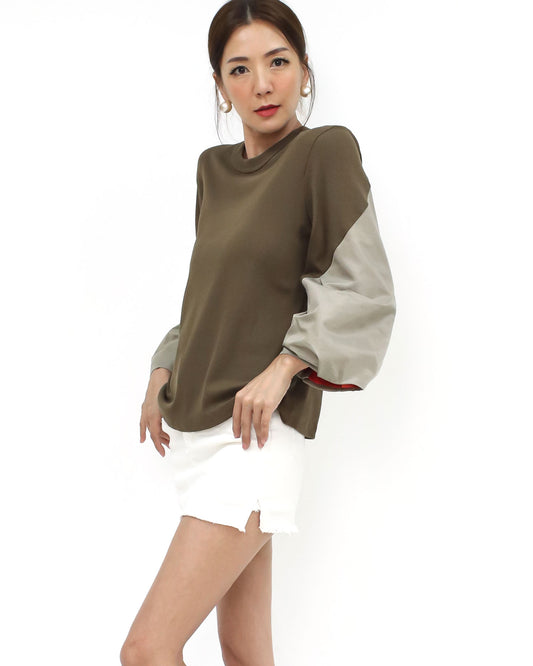 brown knitted & beige tech sleeves top