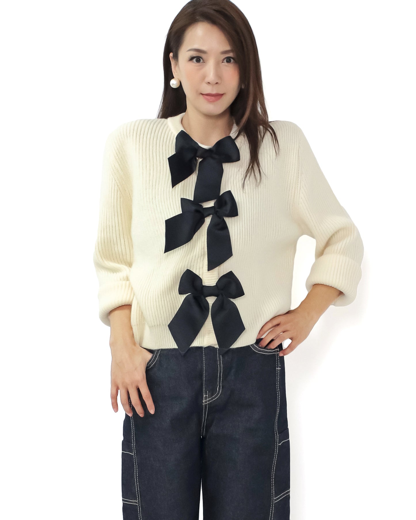 ivory w/ black satin bows knitted cardigan *pre-order*