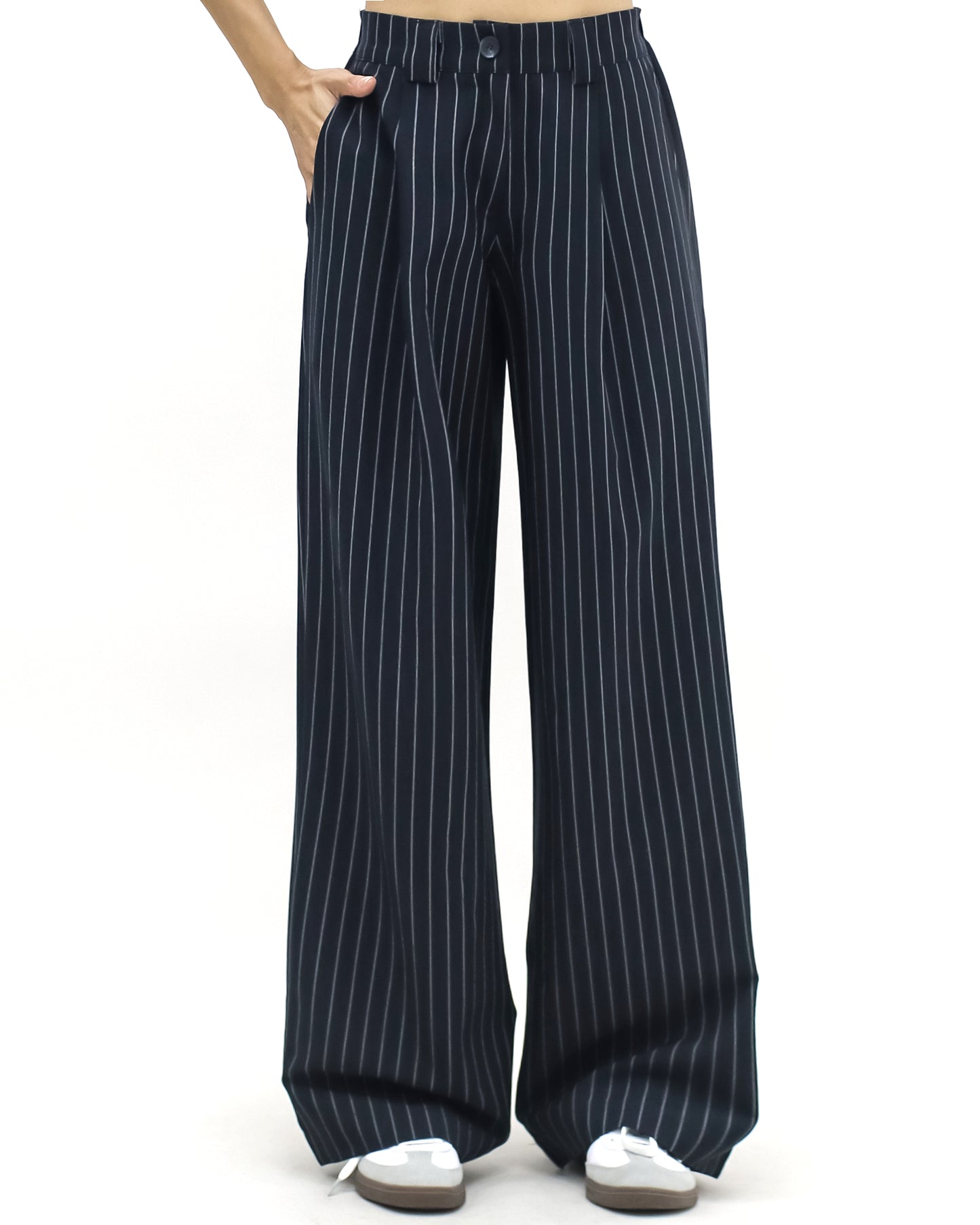 navy & ivory stripes straight leg pants