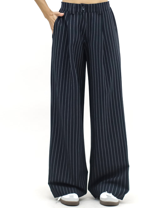 navy & ivory stripes straight leg pants