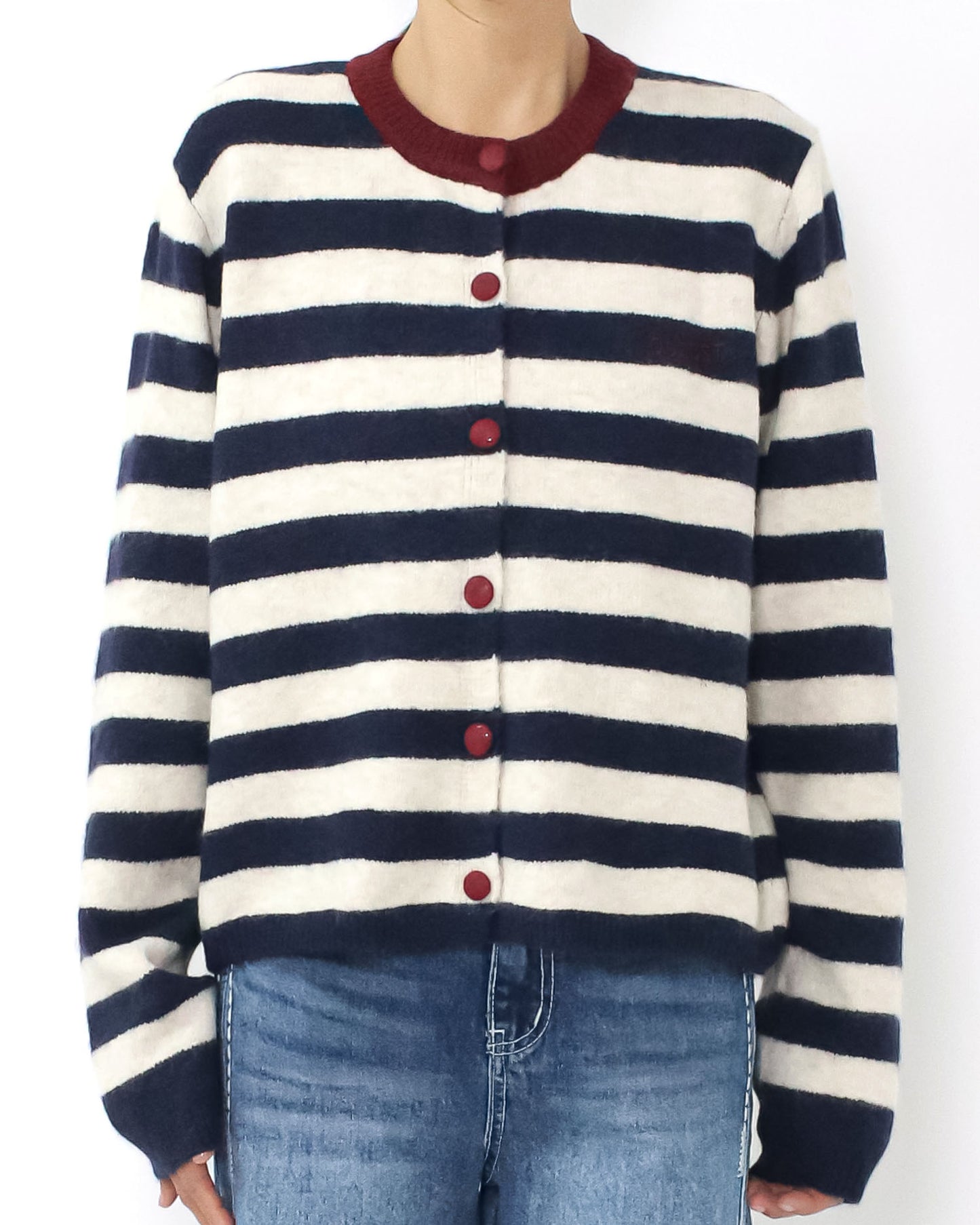 navy & ivory stripes w/ burgundy trim knitted cardigan *pre-order*