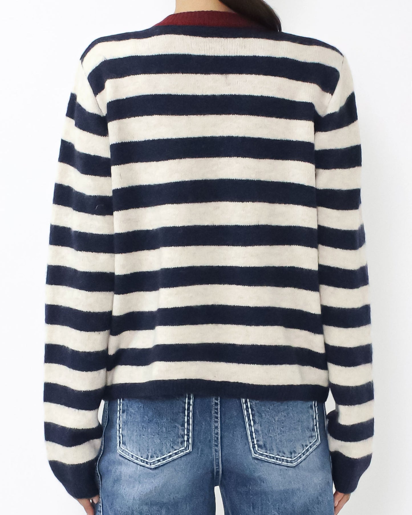 navy & ivory stripes w/ burgundy trim knitted cardigan *pre-order*