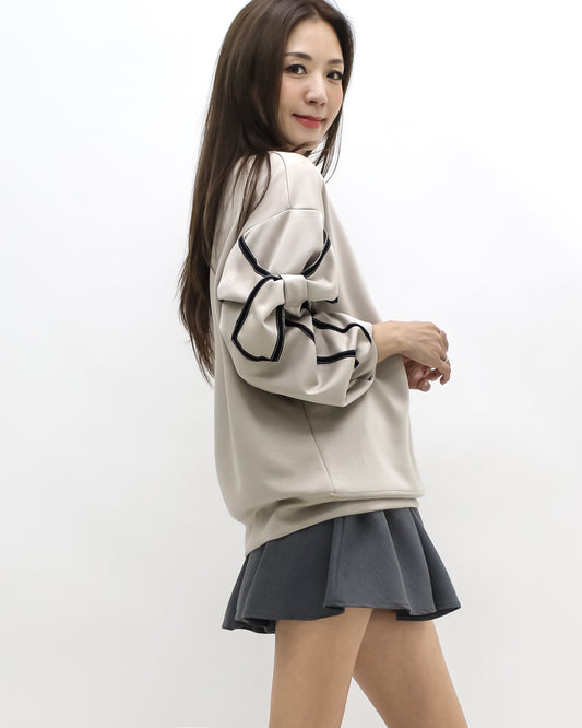 beige bows sleeve soft neoprene sweatshirt