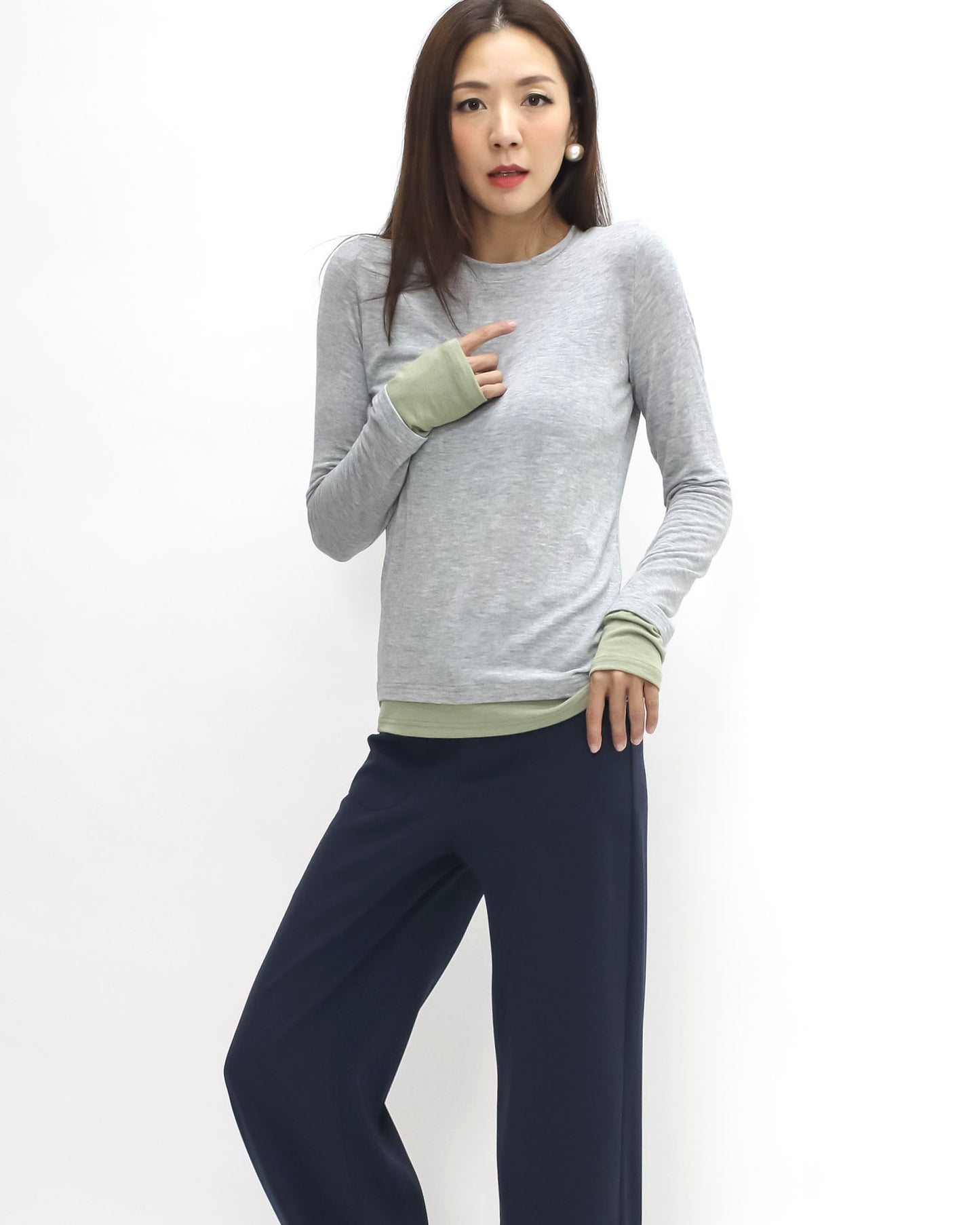 grey & green contrast long sleeves tee