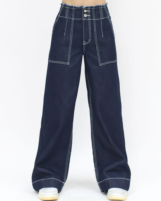 indigo denim w/ ivory line straight legs jeans