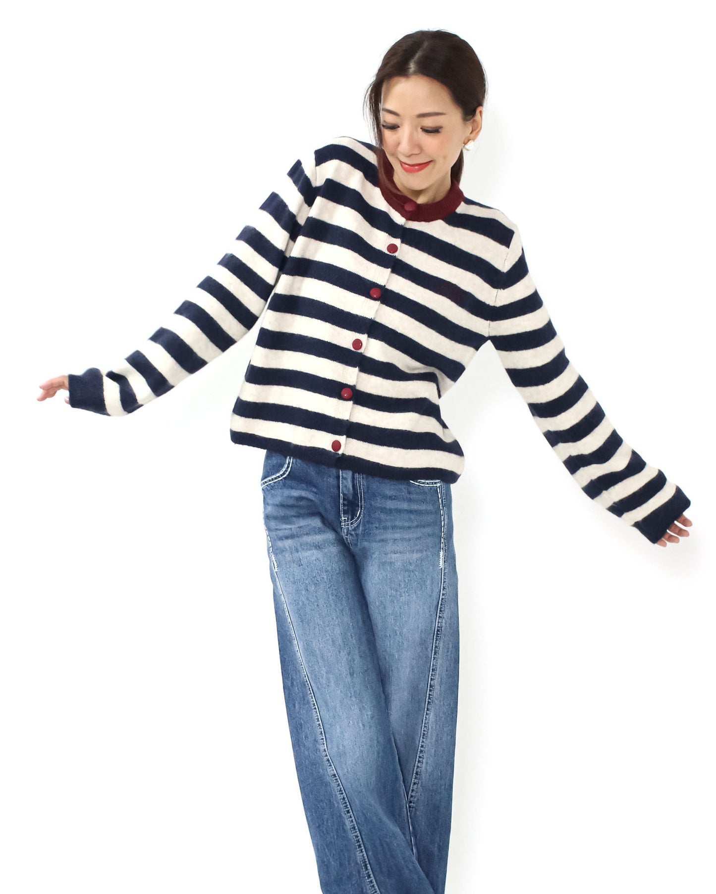 navy & ivory stripes w/ burgundy trim knitted cardigan *pre-order*