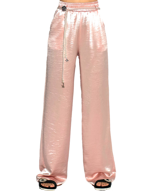 pink shiny straight leg pants w/ pearls belt *pre-order*