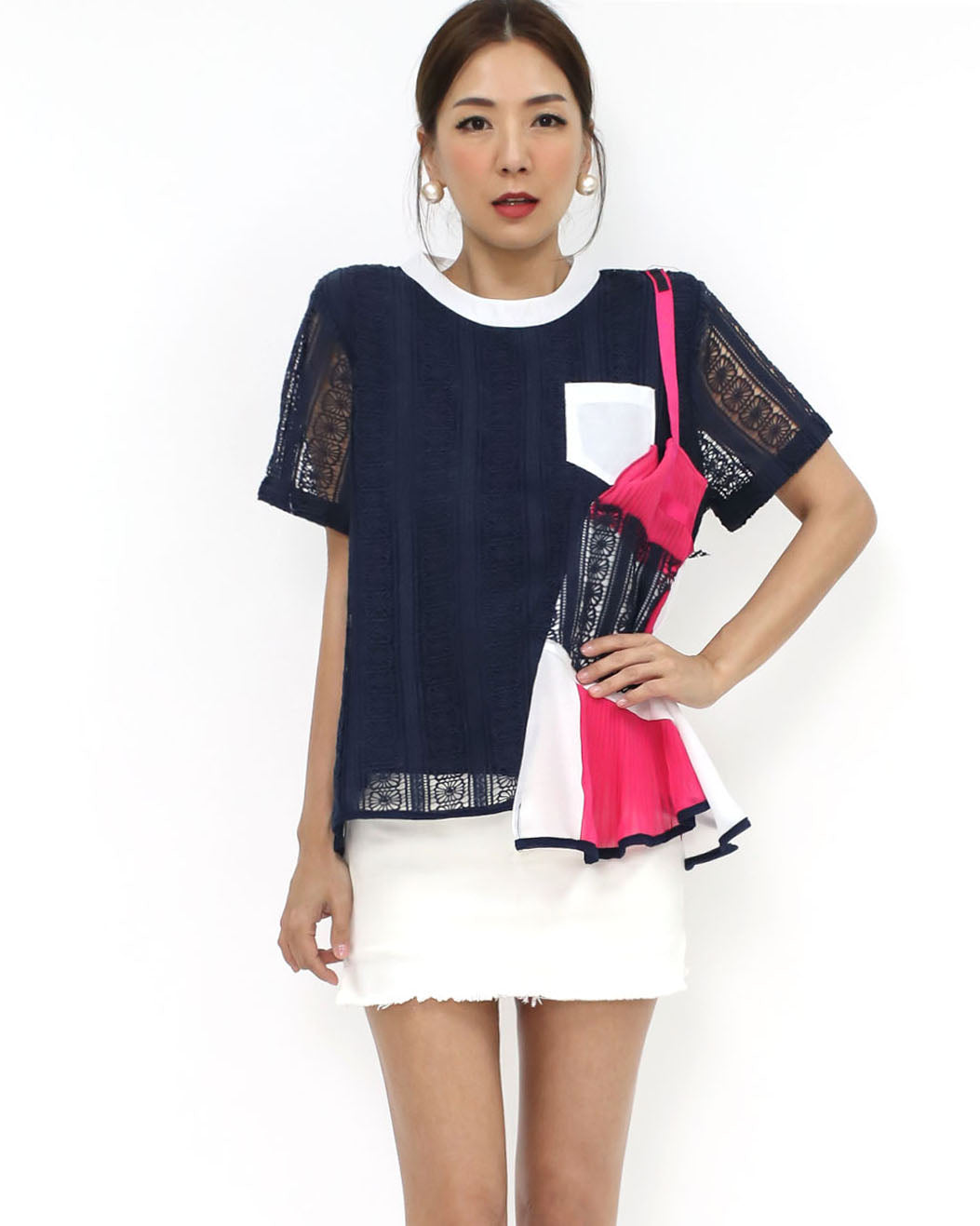 navy w/ pink ivory pleats mesh top