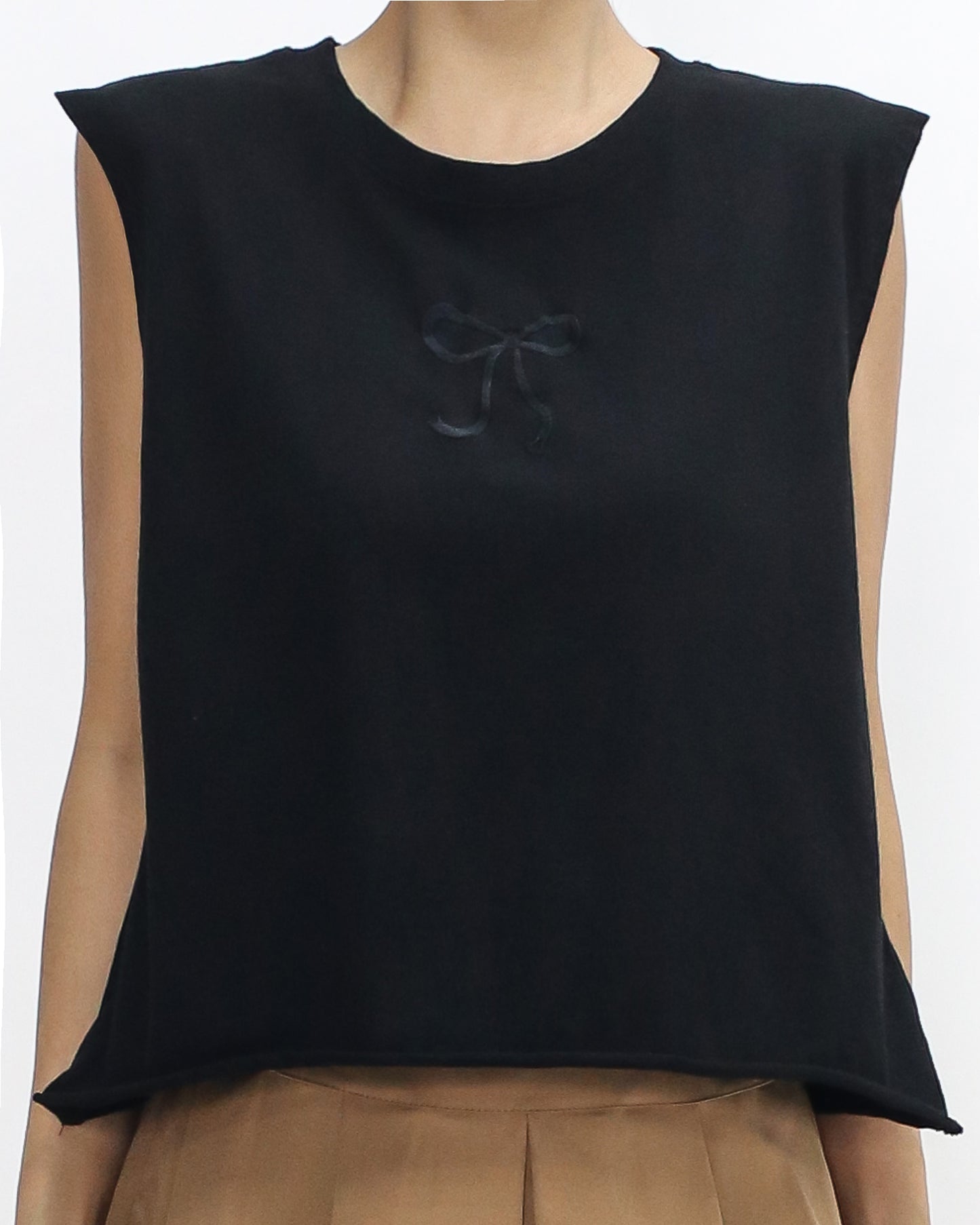 black embroidered bow front vest