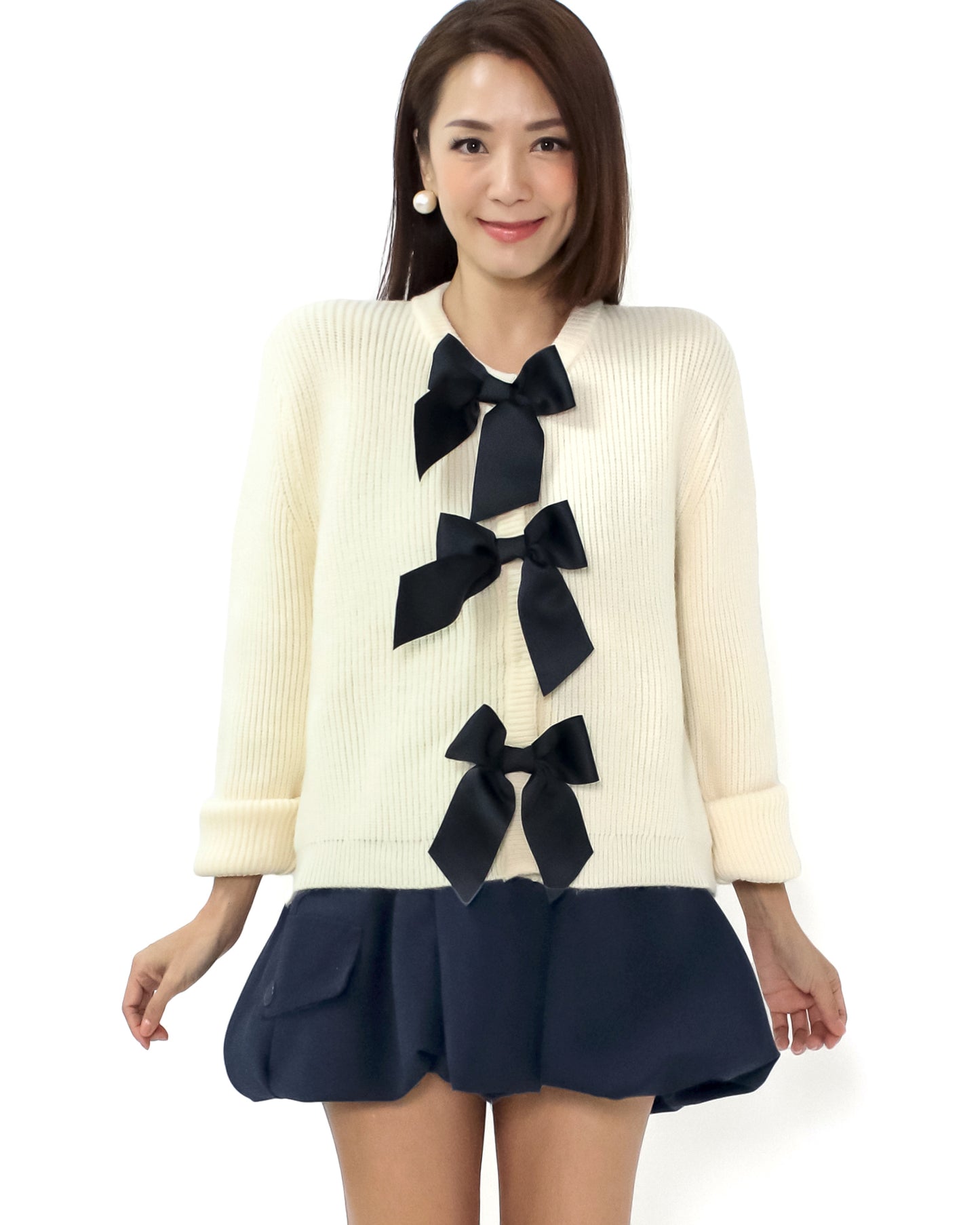 ivory w/ black satin bows knitted cardigan *pre-order*