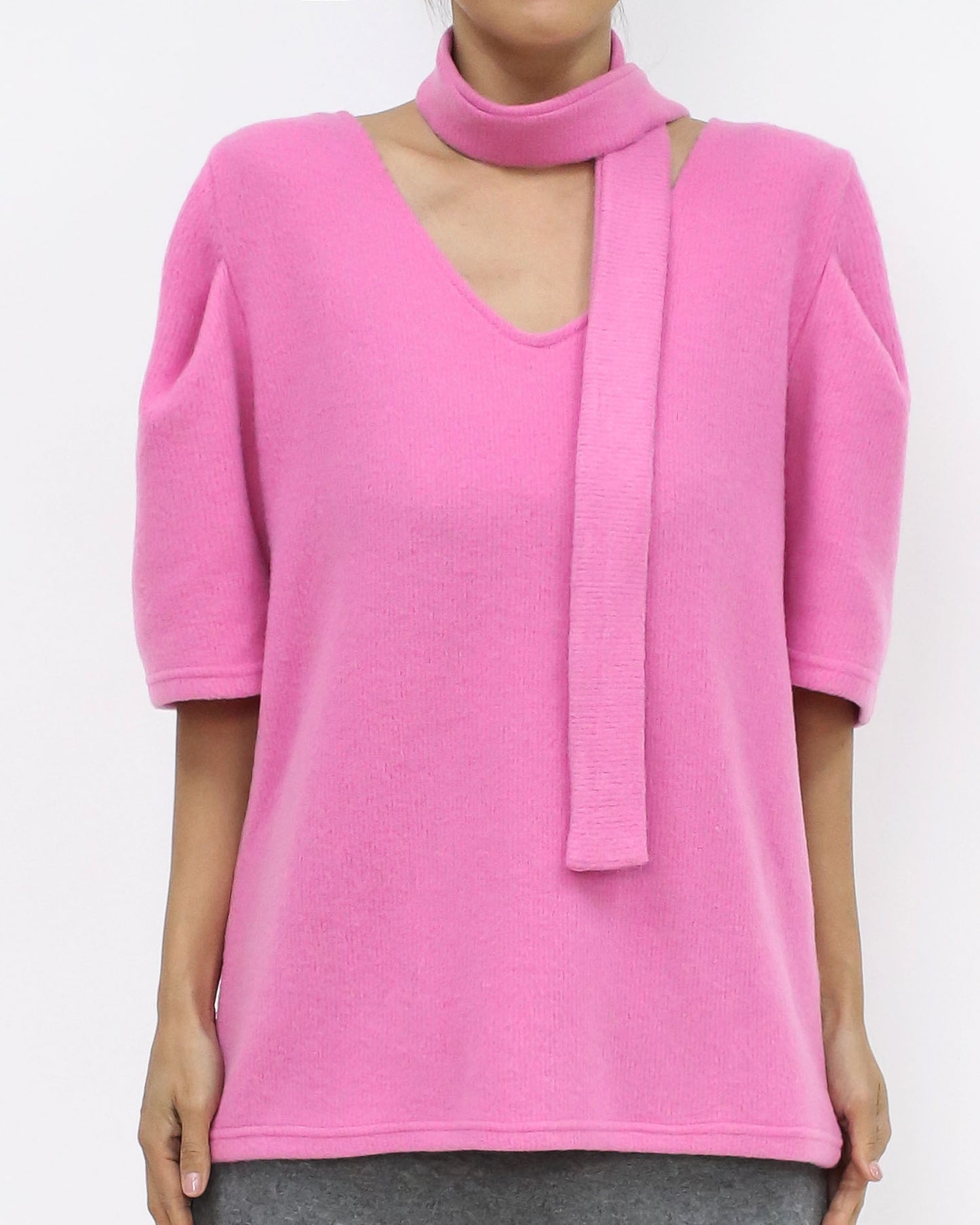 pink puff shoulder knitted top w/ wrap neck strap