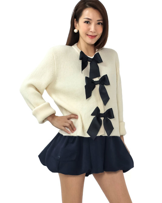 ivory w/ black satin bows knitted cardigan *pre-order*