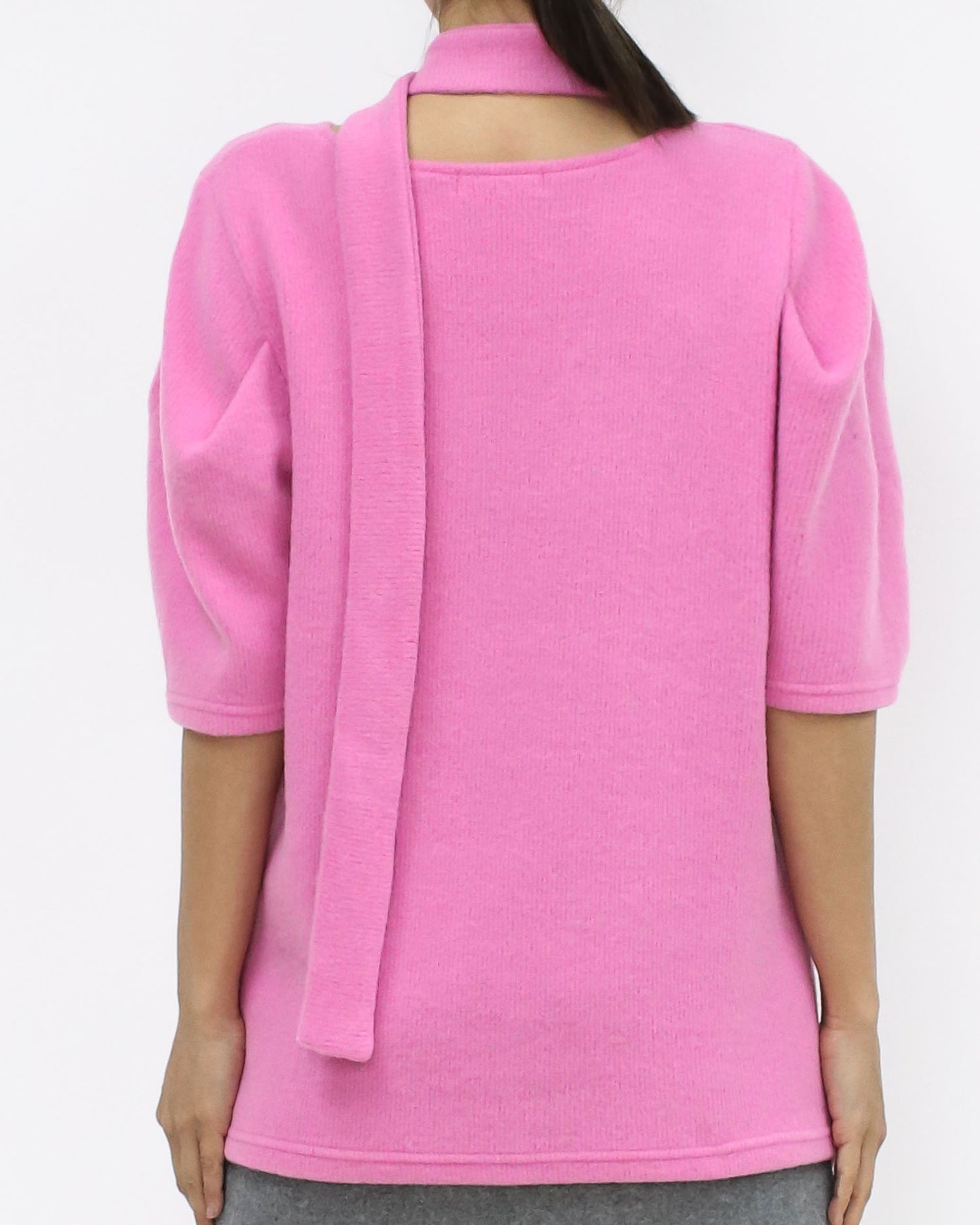 pink puff shoulder knitted top w/ wrap neck strap