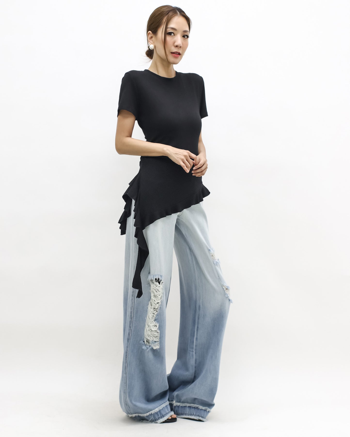 black ruffle drop side tee